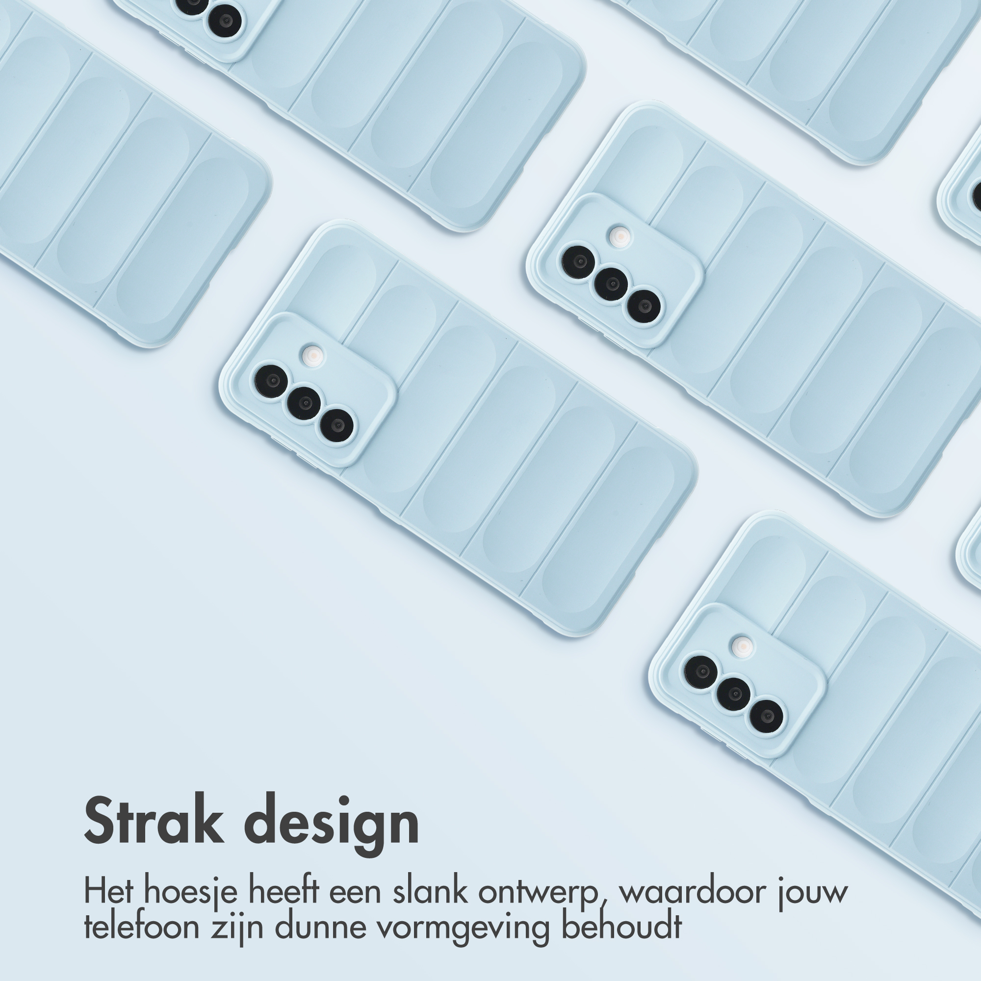 Multiple light blue phone cases with a striped pattern.