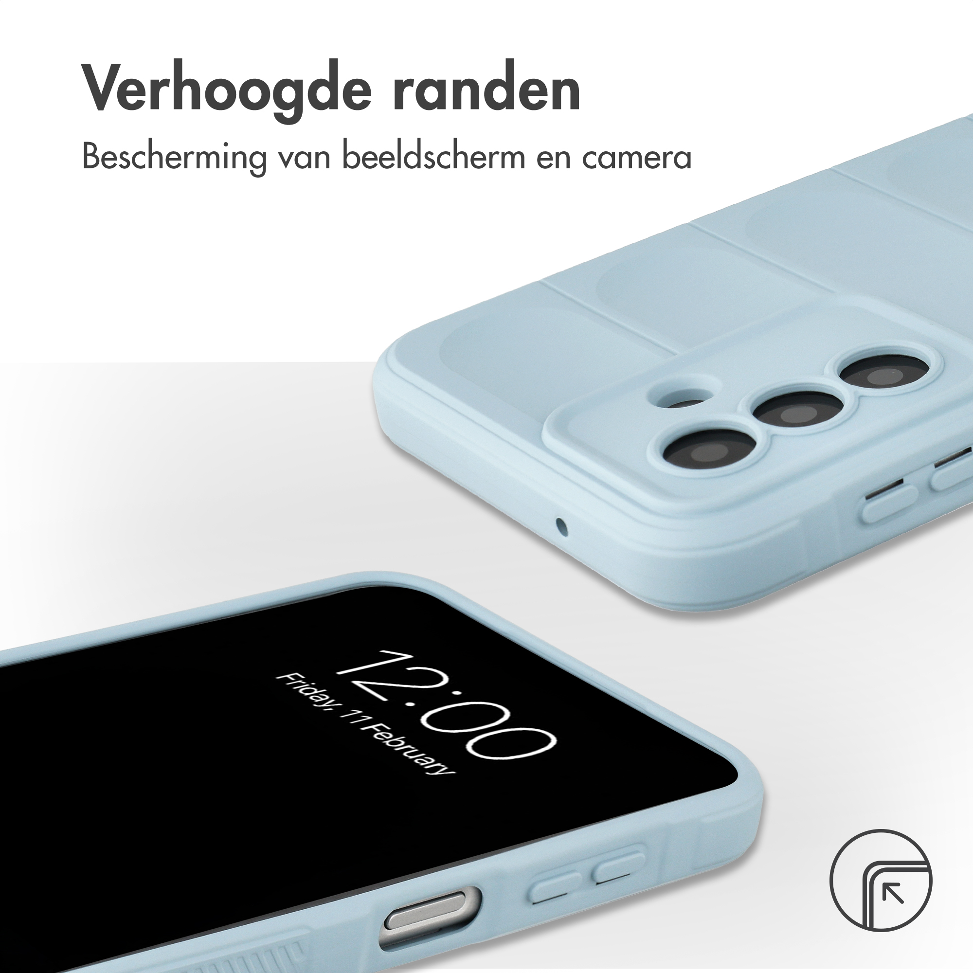 Light blue phone case with raised edges protecting screen and cameras.