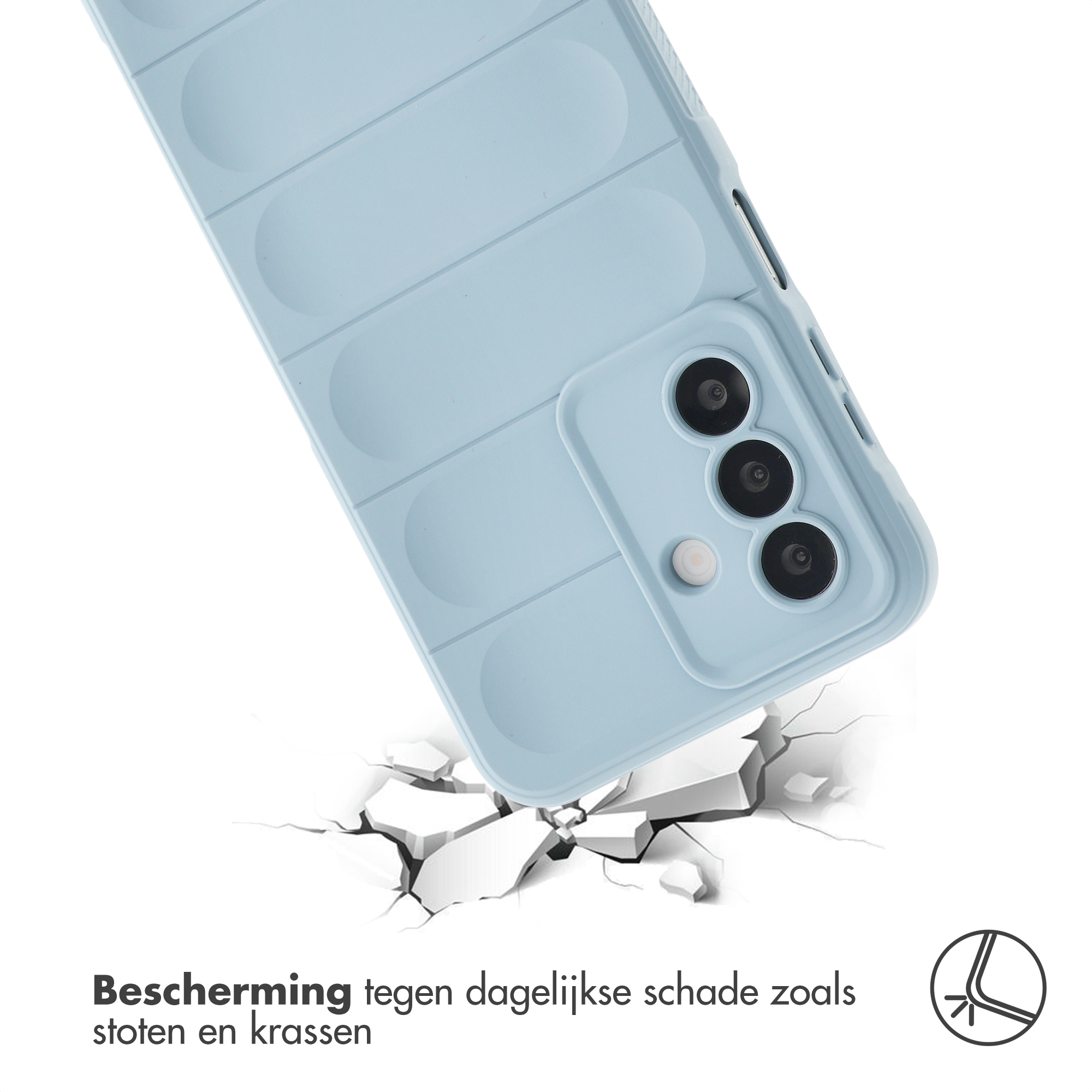 Light blue phone case with rear camera falling onto cracked surface.