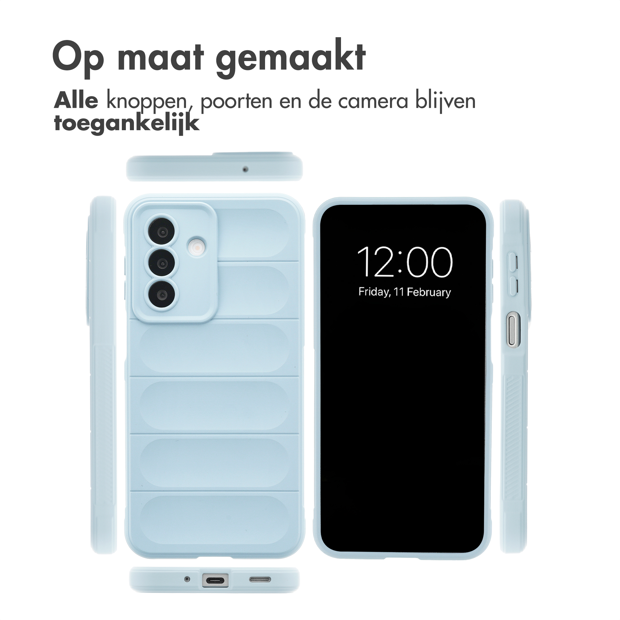 Light blue phone case with camera cutout and open screen.
