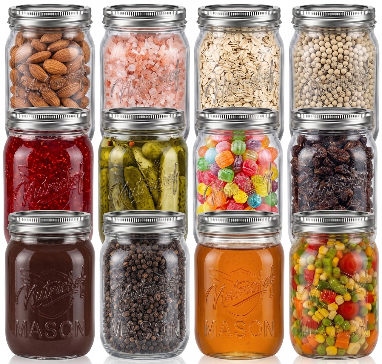 Zwölf Glas-Einmachgläser gefüllt mit verschiedenen Lebensmitteln: Mandeln, rosa Salz, Haferflocken, weißer Pfeffer, Marmelade, Essiggurken, Bonbons, Rosinen, Schokolade, schwarzer Pfeffer, Honig, gemischtes Gemüse.