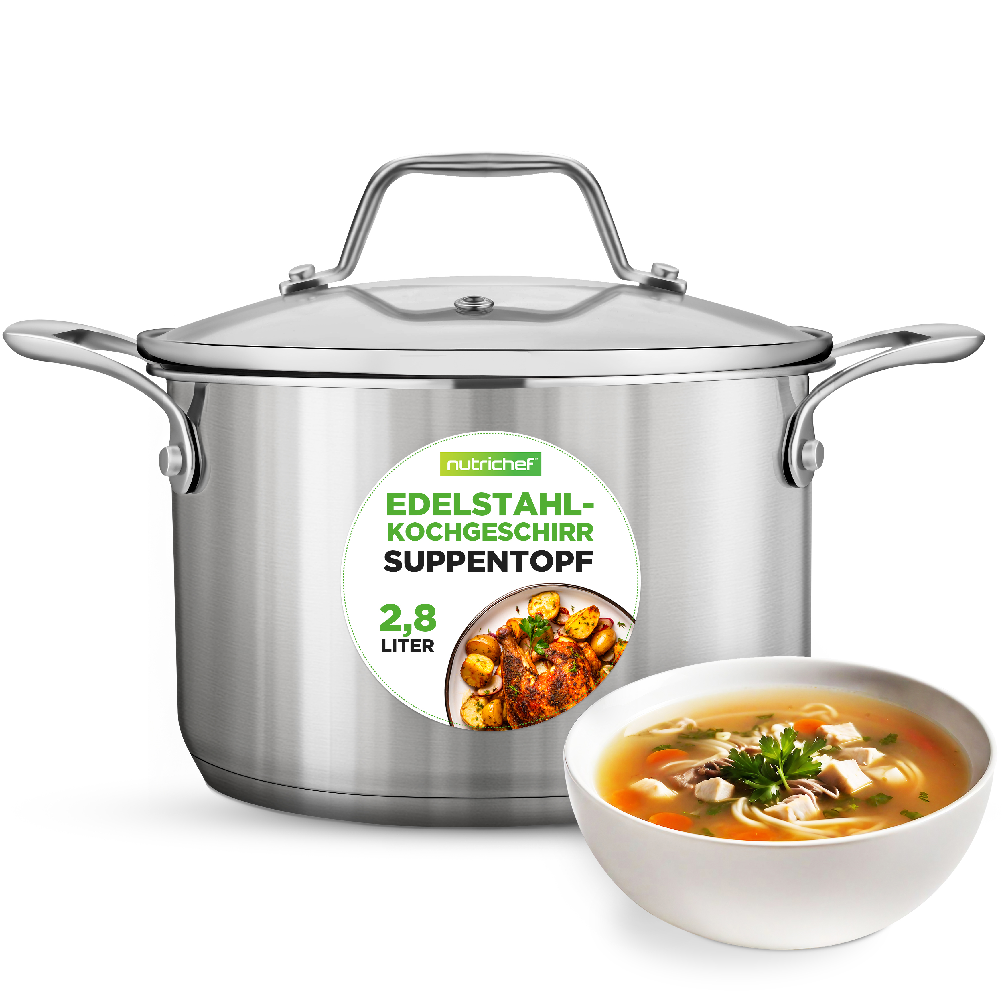 Edelstahl-Suppentopf mit Henkeln und Deckel, daneben eine Schüssel Hühnersuppe.