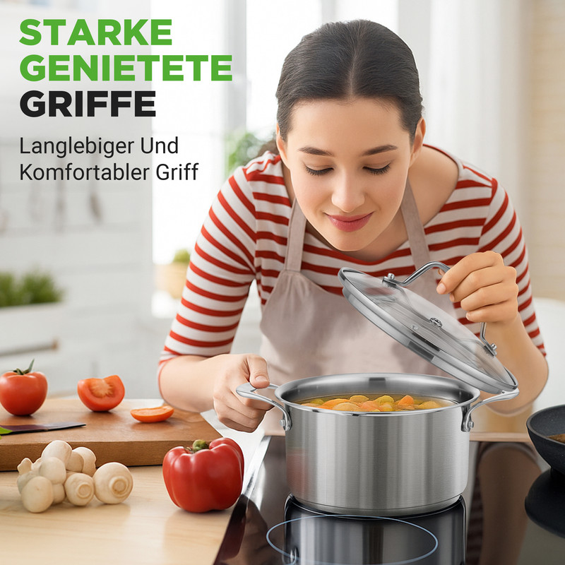 Frau mit Schürze hebt Deckel eines Topfes mit Gemüse.
