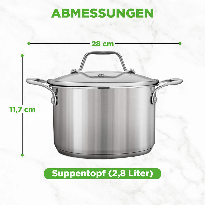 Edelstahltopf, 28 cm breit und 11,7 cm hoch, Fassungsvermögen 2,8 Liter.