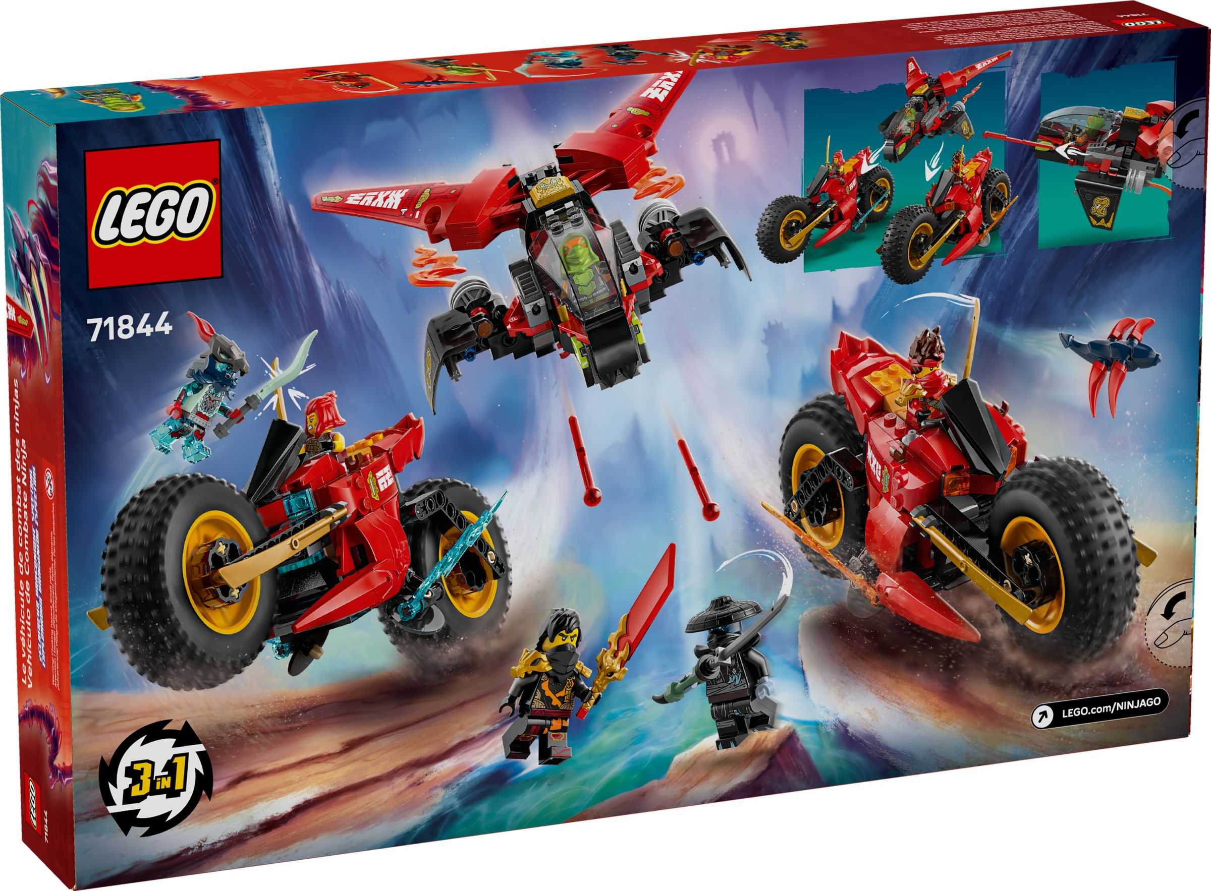 LEGO Ninjago Set 71844 mit 2 Motorrädern, 1 Flugzeug und 3 Minifiguren.