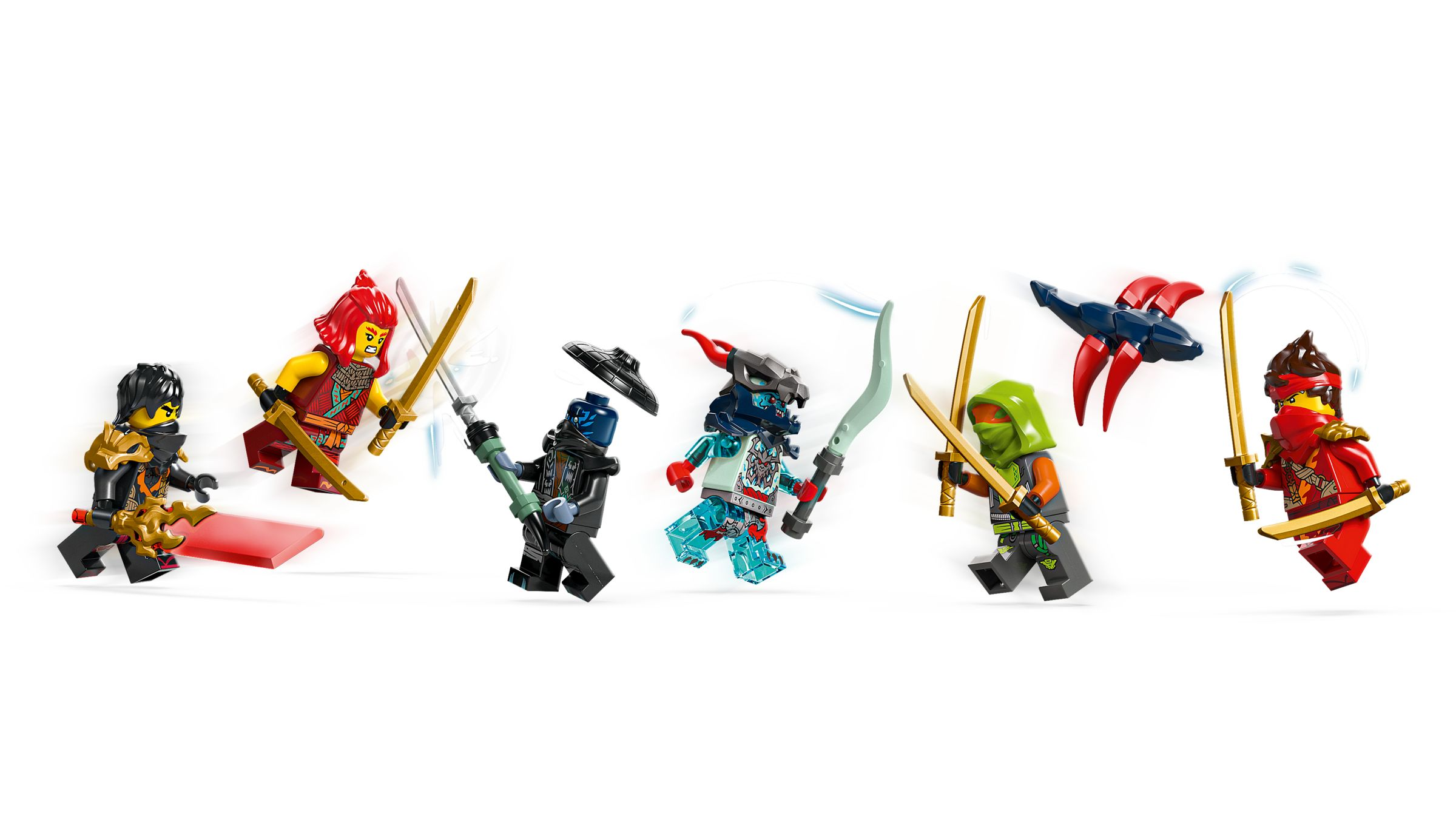 Lego-Figuren in Aktion mit Schwertern. Ein blauer Vogel-Droide fliegt.