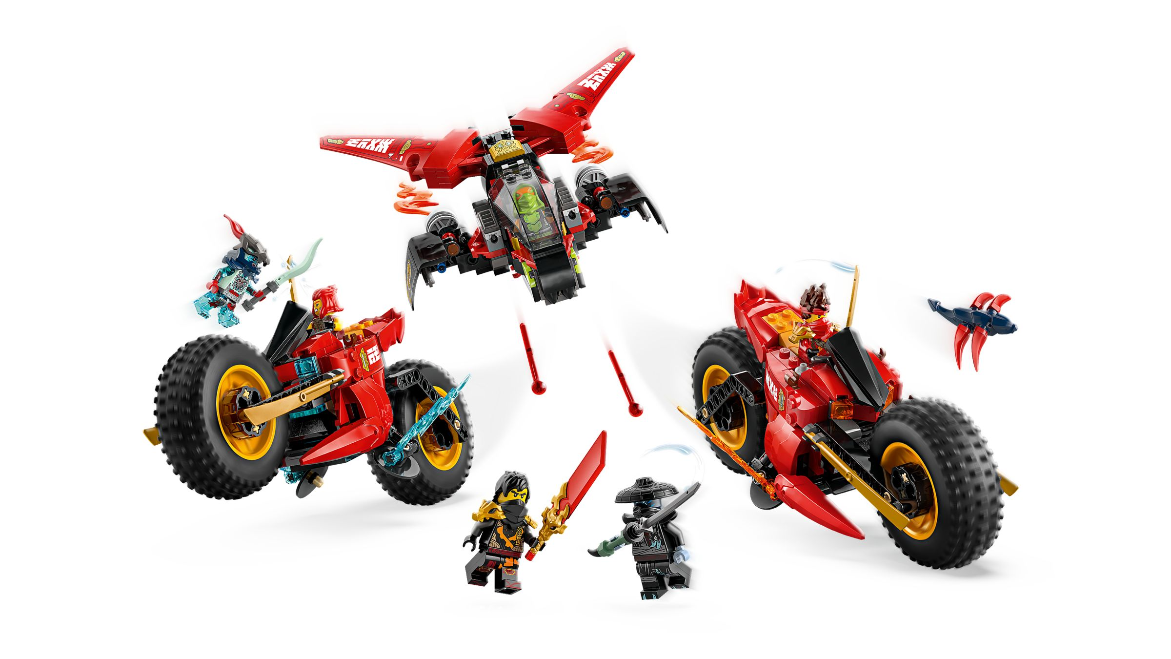 Ninjago-Spielzeug: Rote Motorräder, ein Flugzeug und Charaktere.
