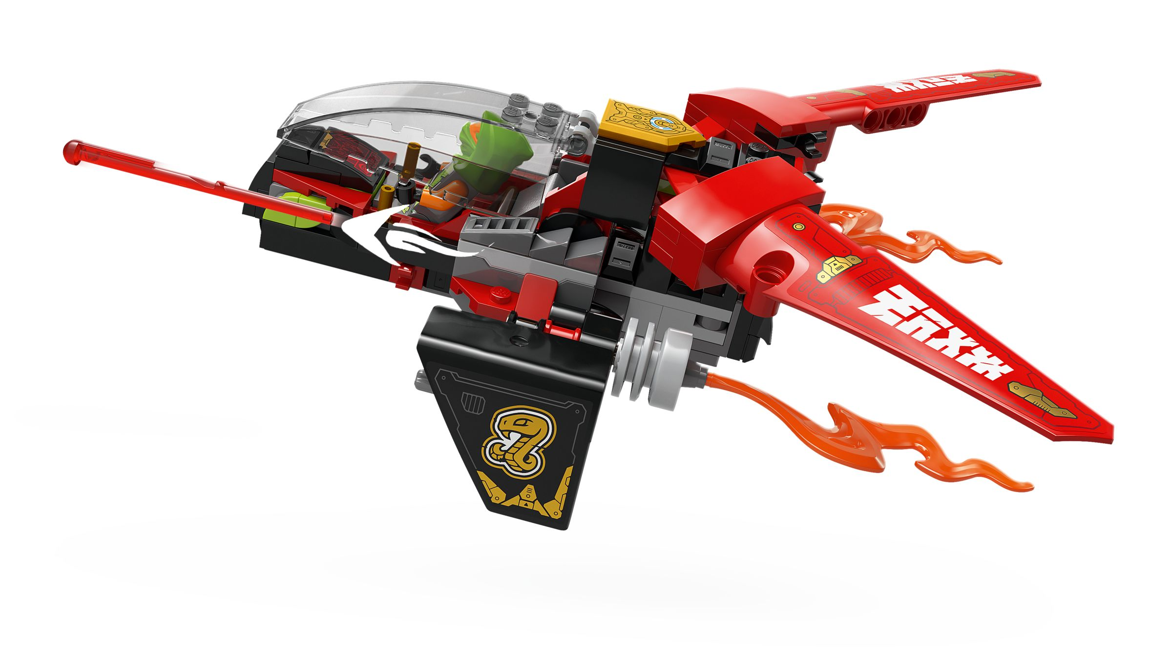 Rotes und schwarzes Lego-Raumschiff mit grüner Figur, transparentem Cockpit und orangefarbenen Flammen.