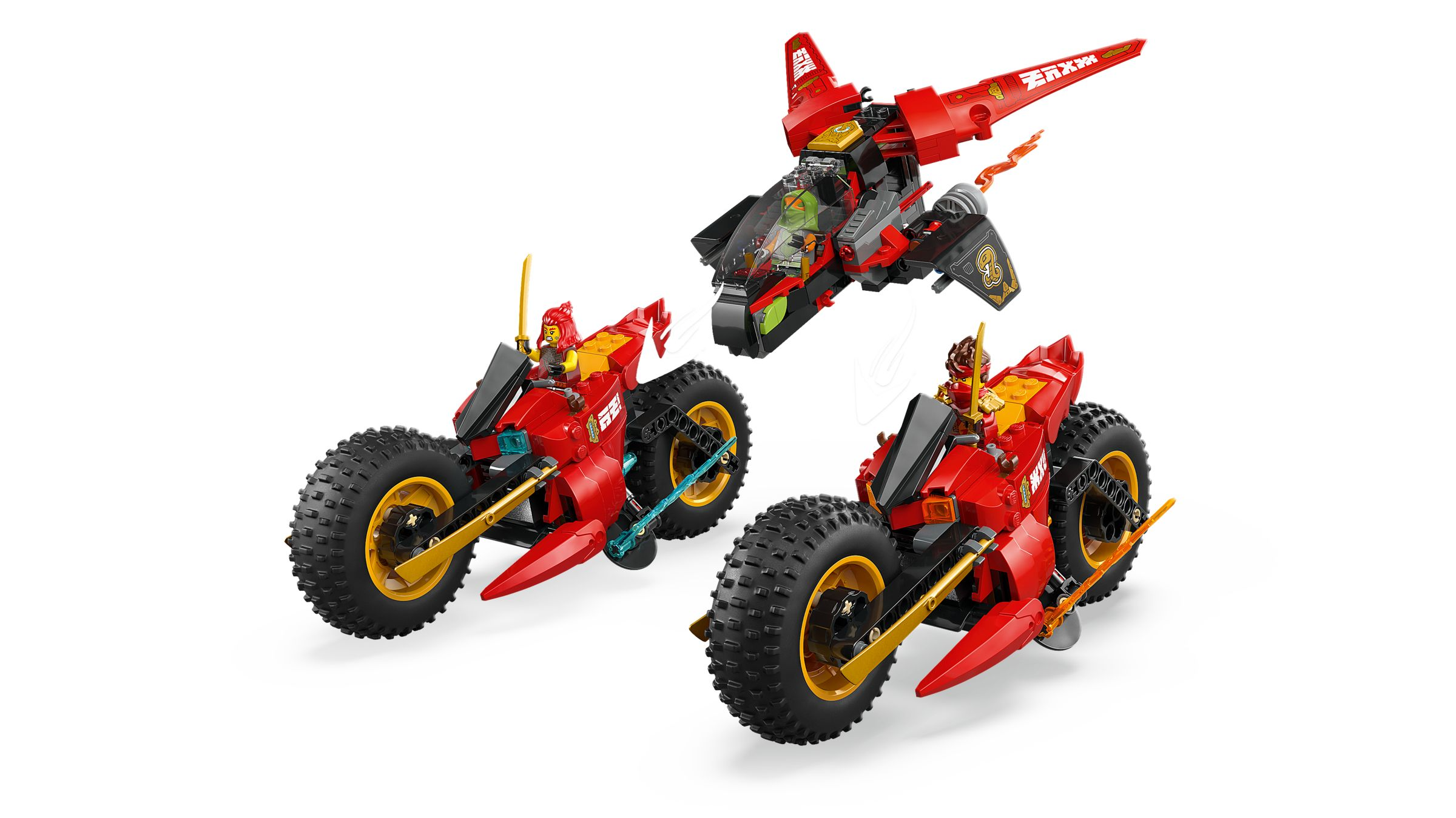 Roter LEGO Ninja Jet und zwei Motorräder mit Figuren auf weißem Hintergrund.