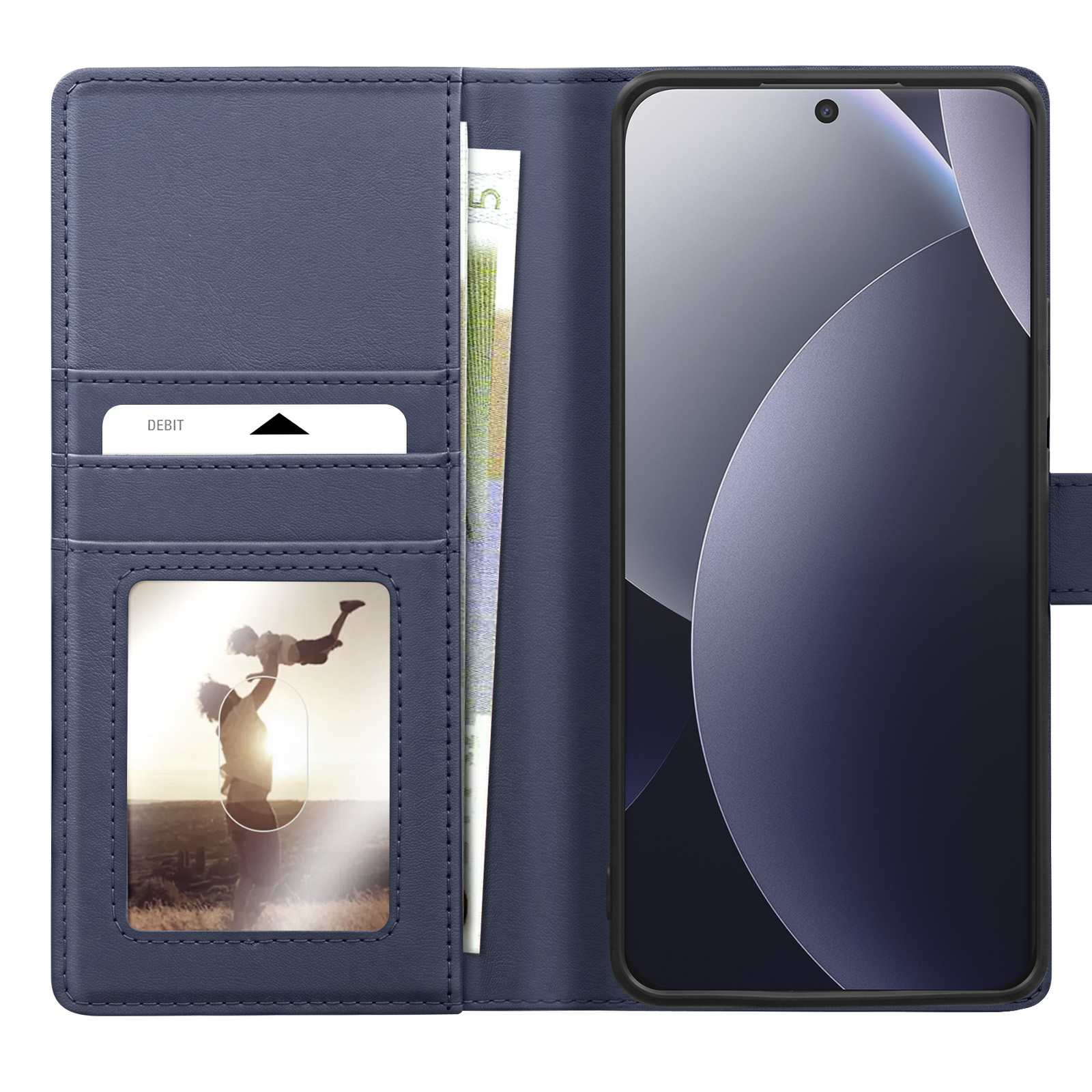 Blaues Handy-Etui mit Kartenfächern, Geldscheinen und einem Foto eines Vaters mit Kind.