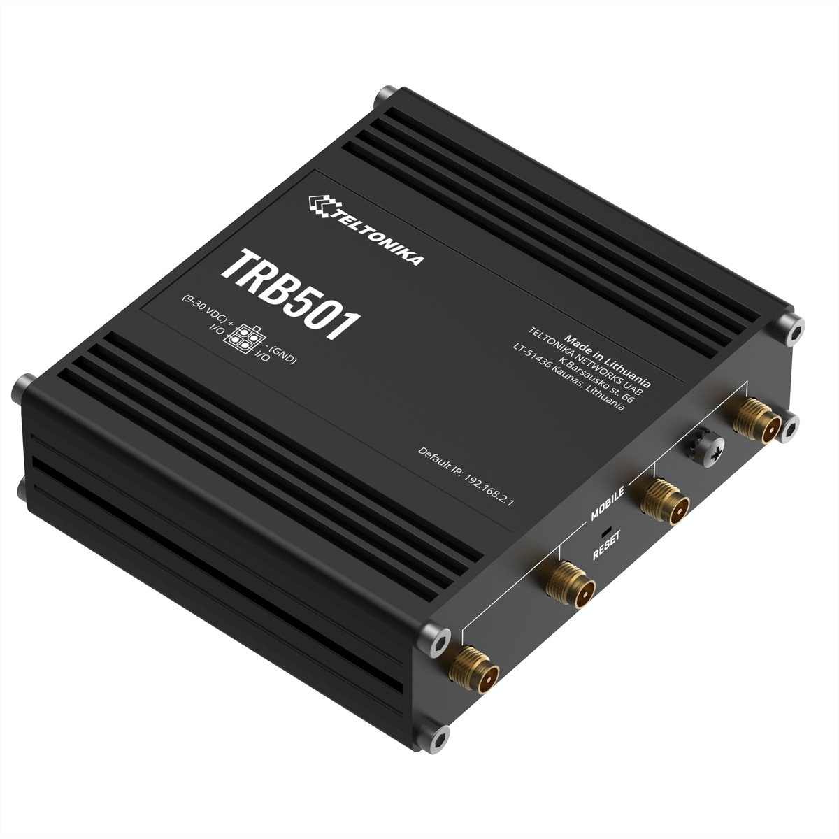 Schwarzer Teltonika TRB501 Router mit Anschlüssen und Beschriftungen.