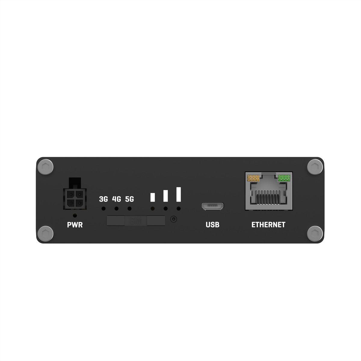 Ein schwarzes Gerät mit Anschlüssen: Strom, SIM, USB und Ethernet.