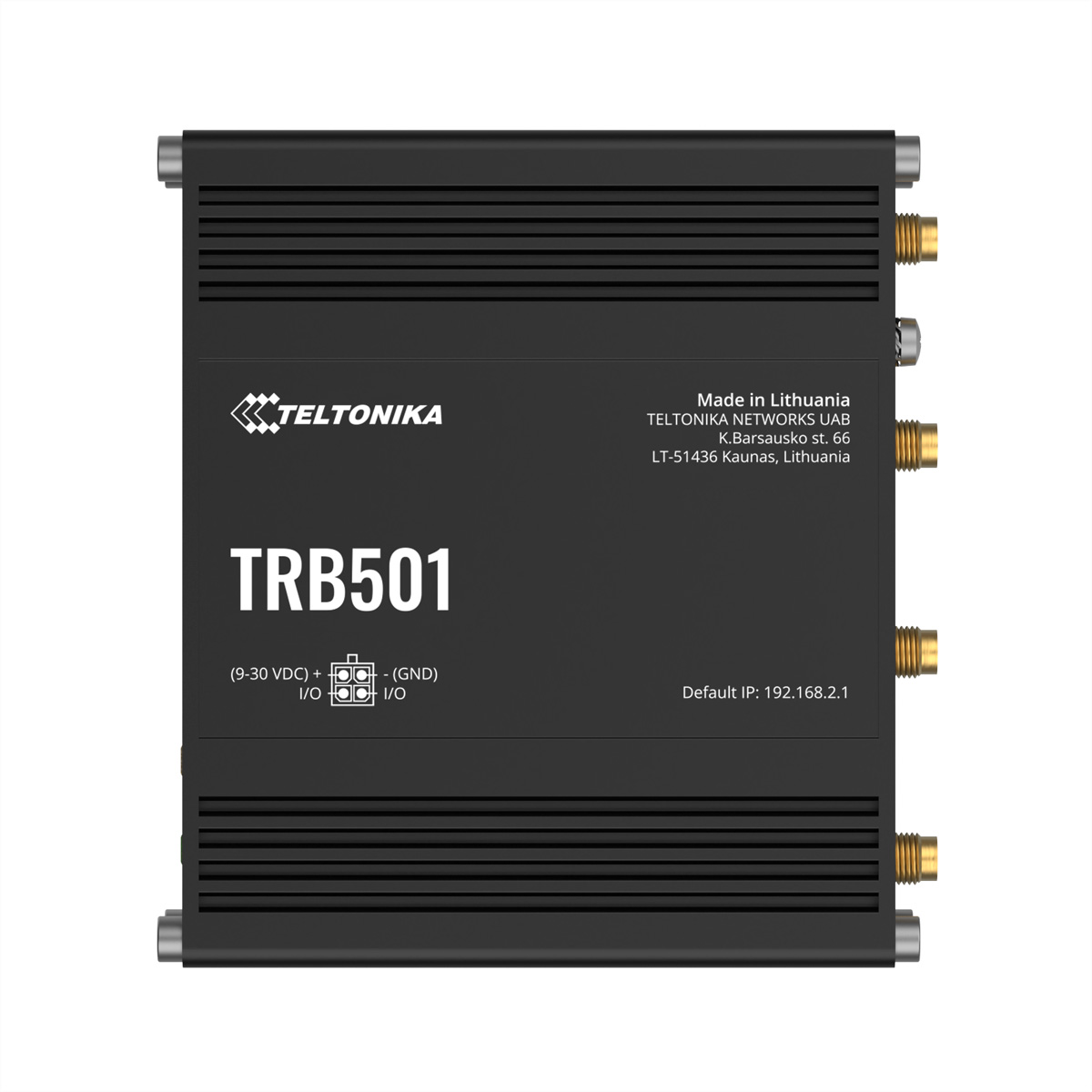 Schwarzes Teltonika TRB501-Gerät mit Anschlüssen und Beschriftungen.