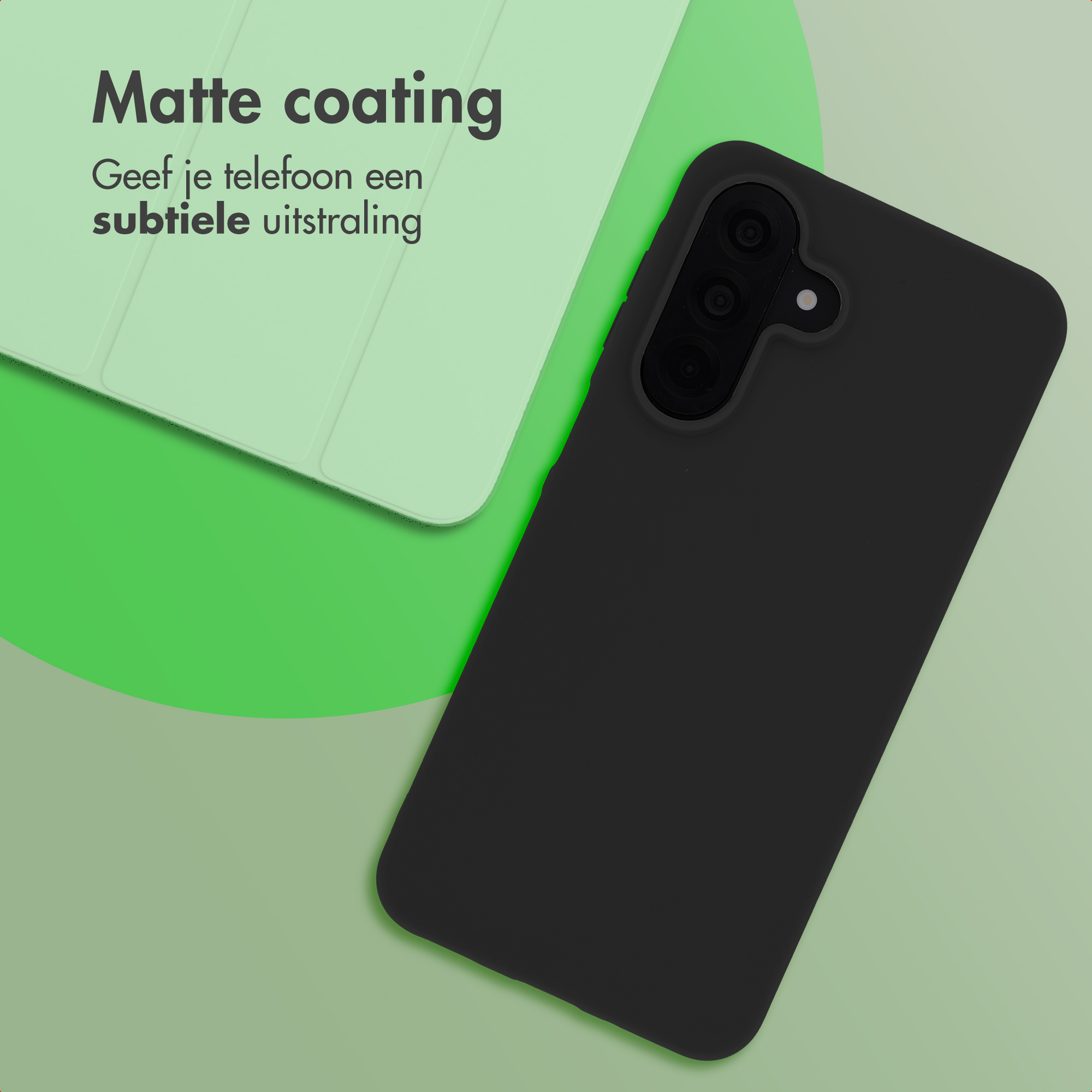 Black matte phone case on a light green background with text.