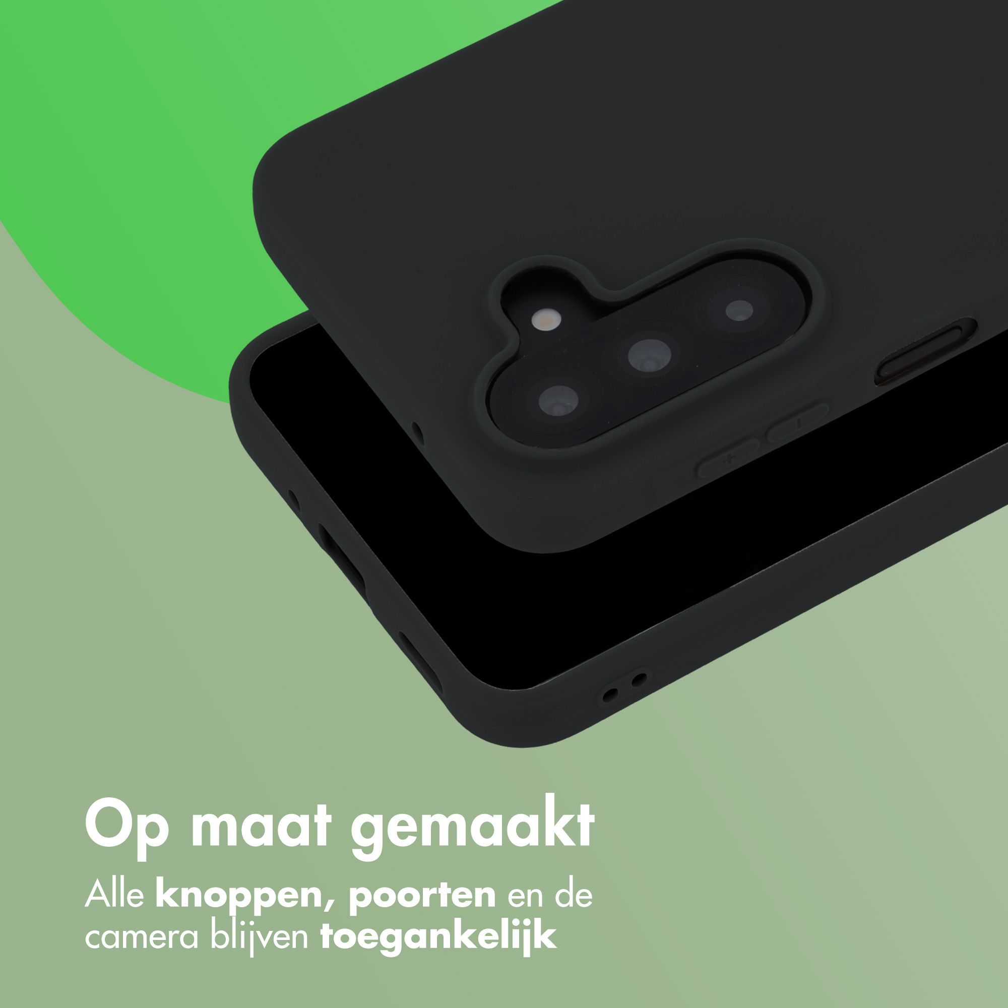 A black phone case is shown on a smartphone. Text reads: Custom made. All buttons, ports and camera remain accessible.