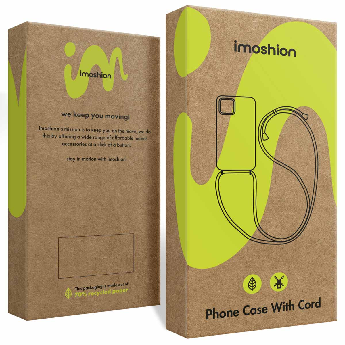 Due scatole di cartone con marchio e grafica della custodia del telefono.