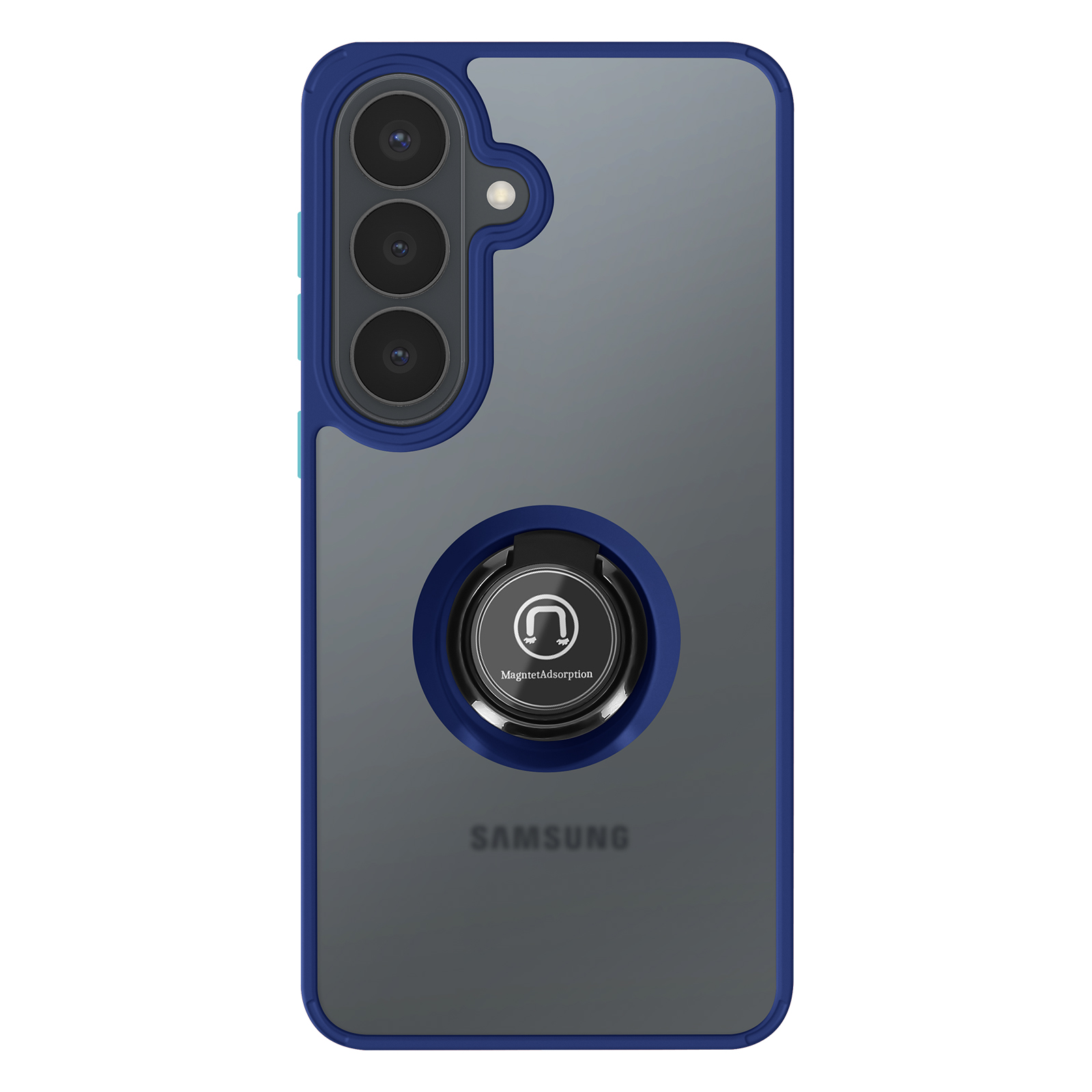 Ein blau umrandetes Smartphone mit drei Kameras und einem Ringhalter.
