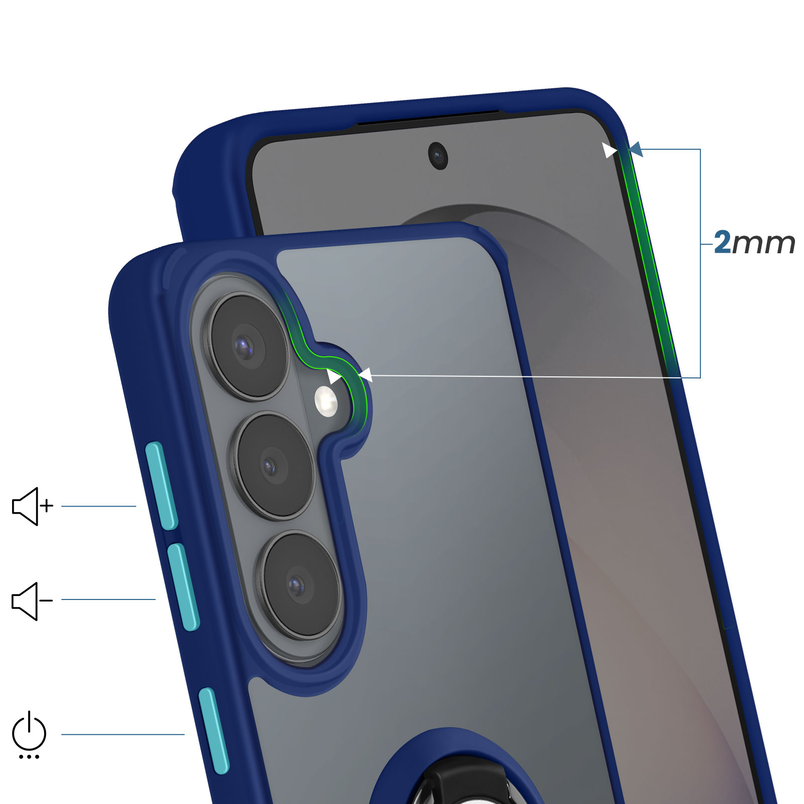 Ein blaues Handycover mit transparentem Rücken, Kameramodul, Tasten und Beschriftungen.