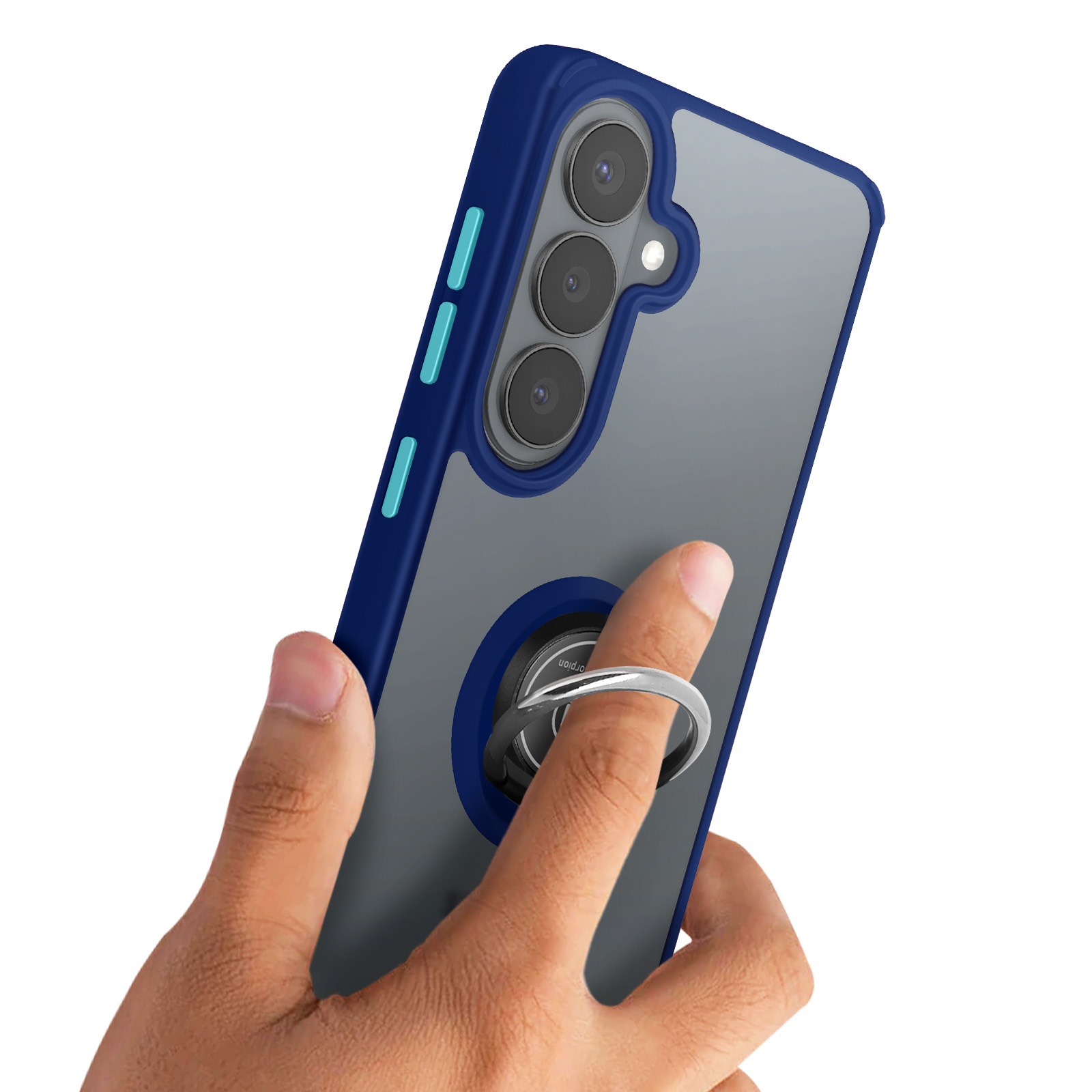 Hand hält ein Smartphone mit blauem Rand und Ringhalter.