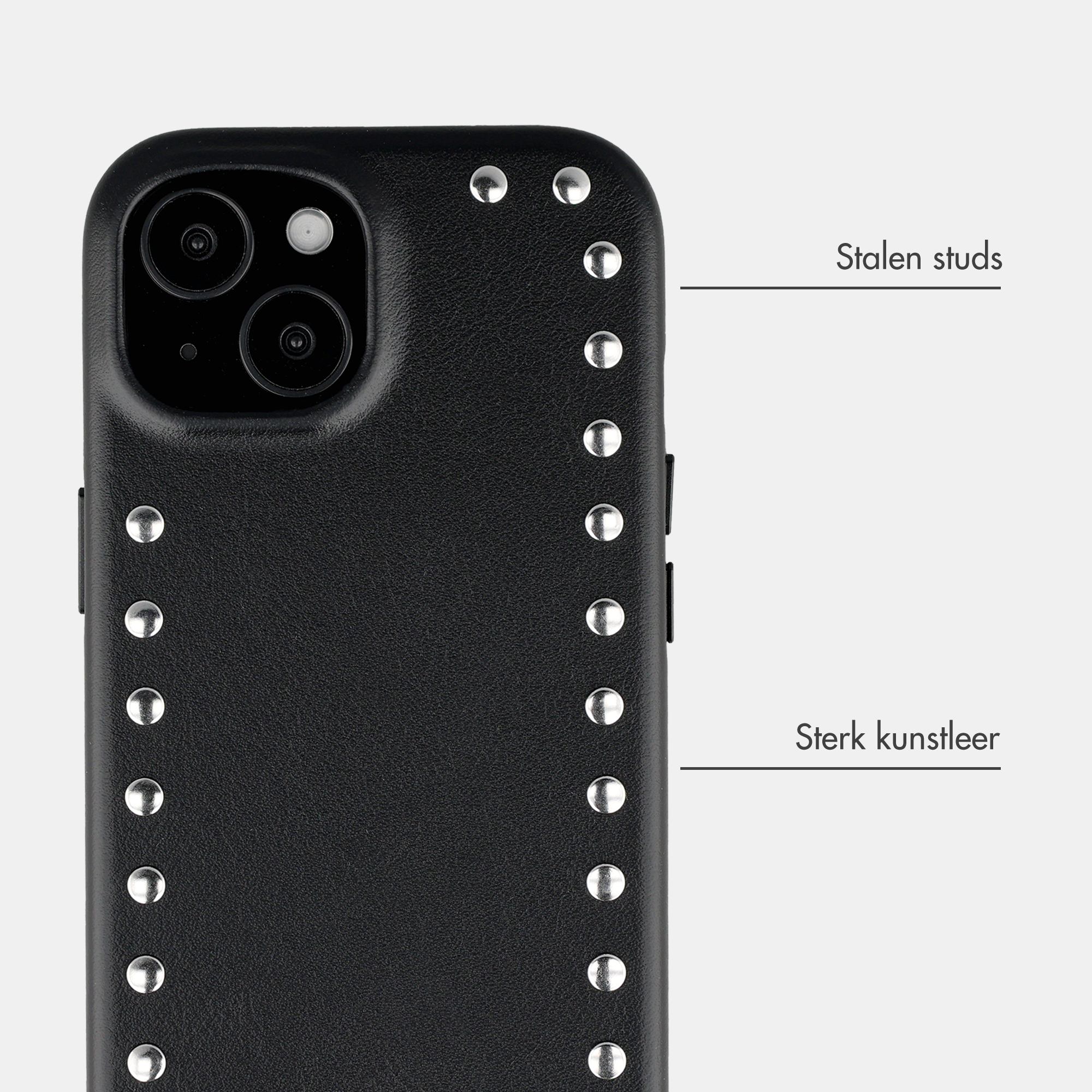 Black faux leather phone case with studs and camera module.