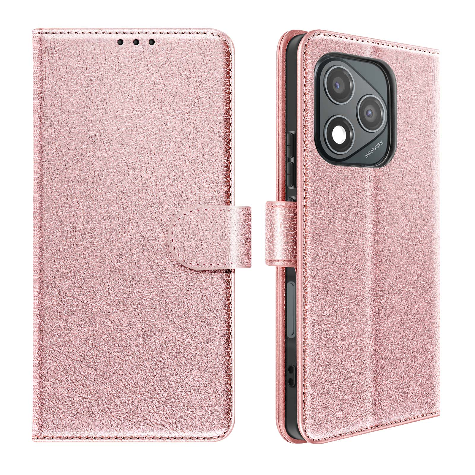 Ein roségoldenes Handycover mit einer Klappe und einem Kameraschutz. Die Klappe hat drei Nähte.