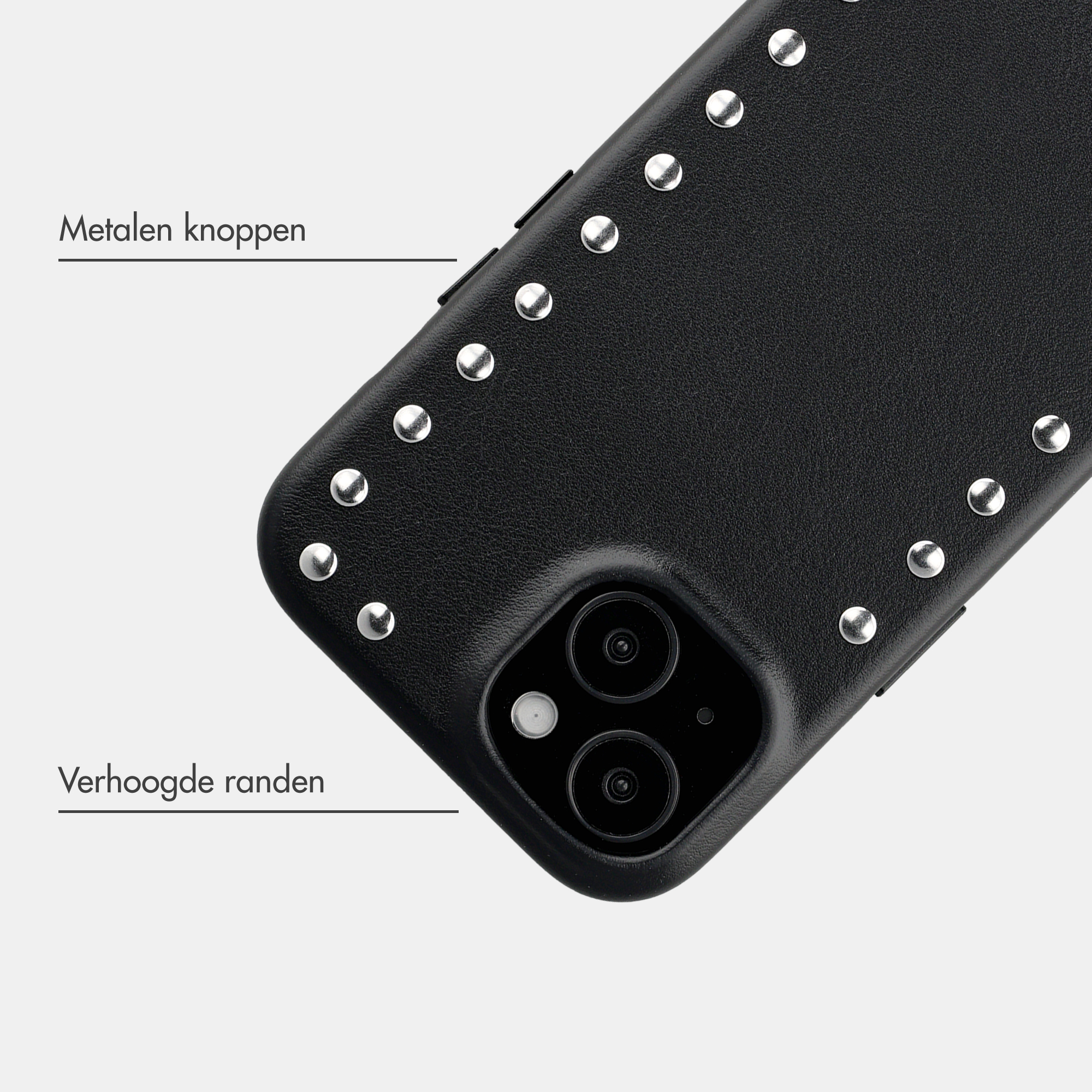 Black phone case with silver studs and camera cutout.