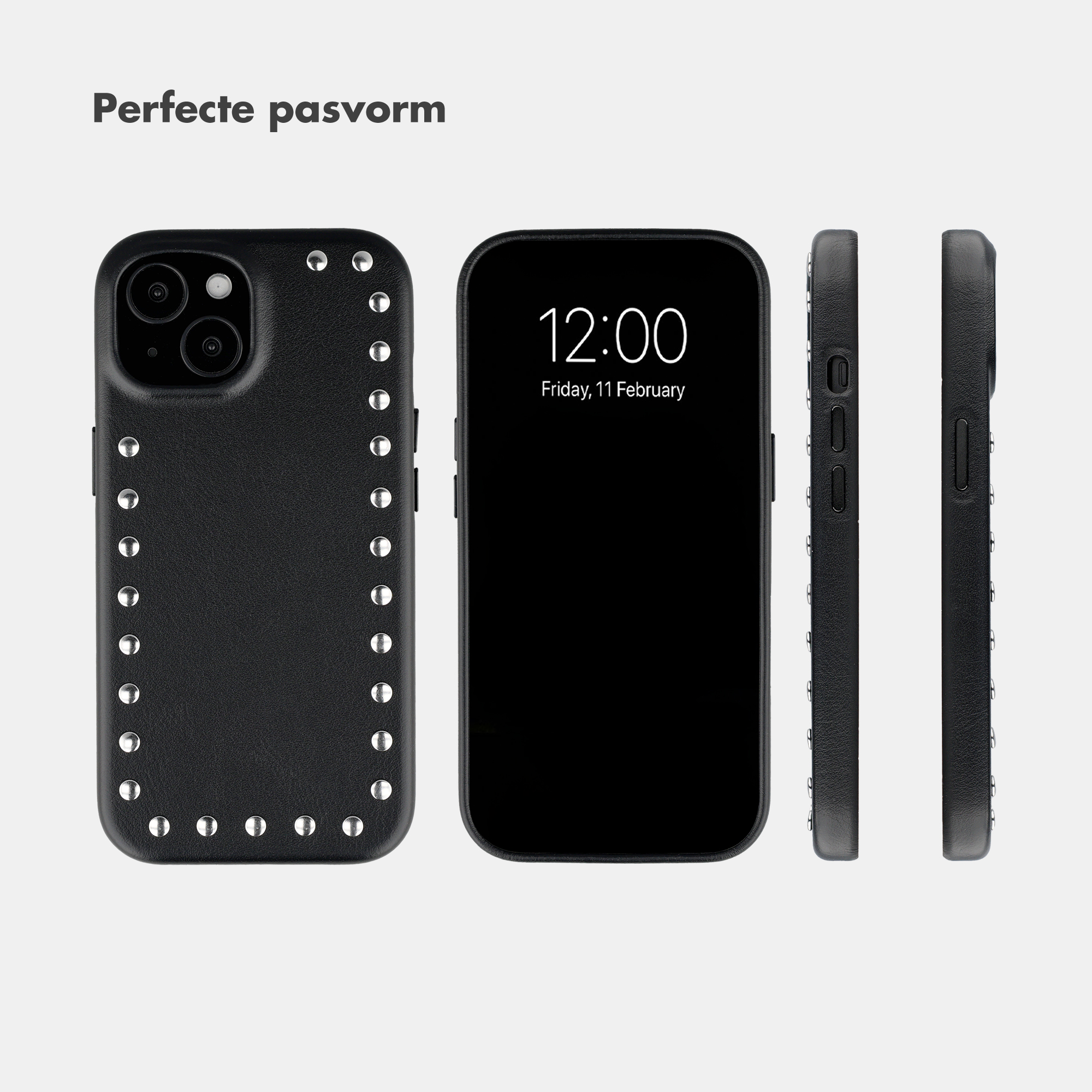 Black studded phone case next to a smartphone displaying 12:00.