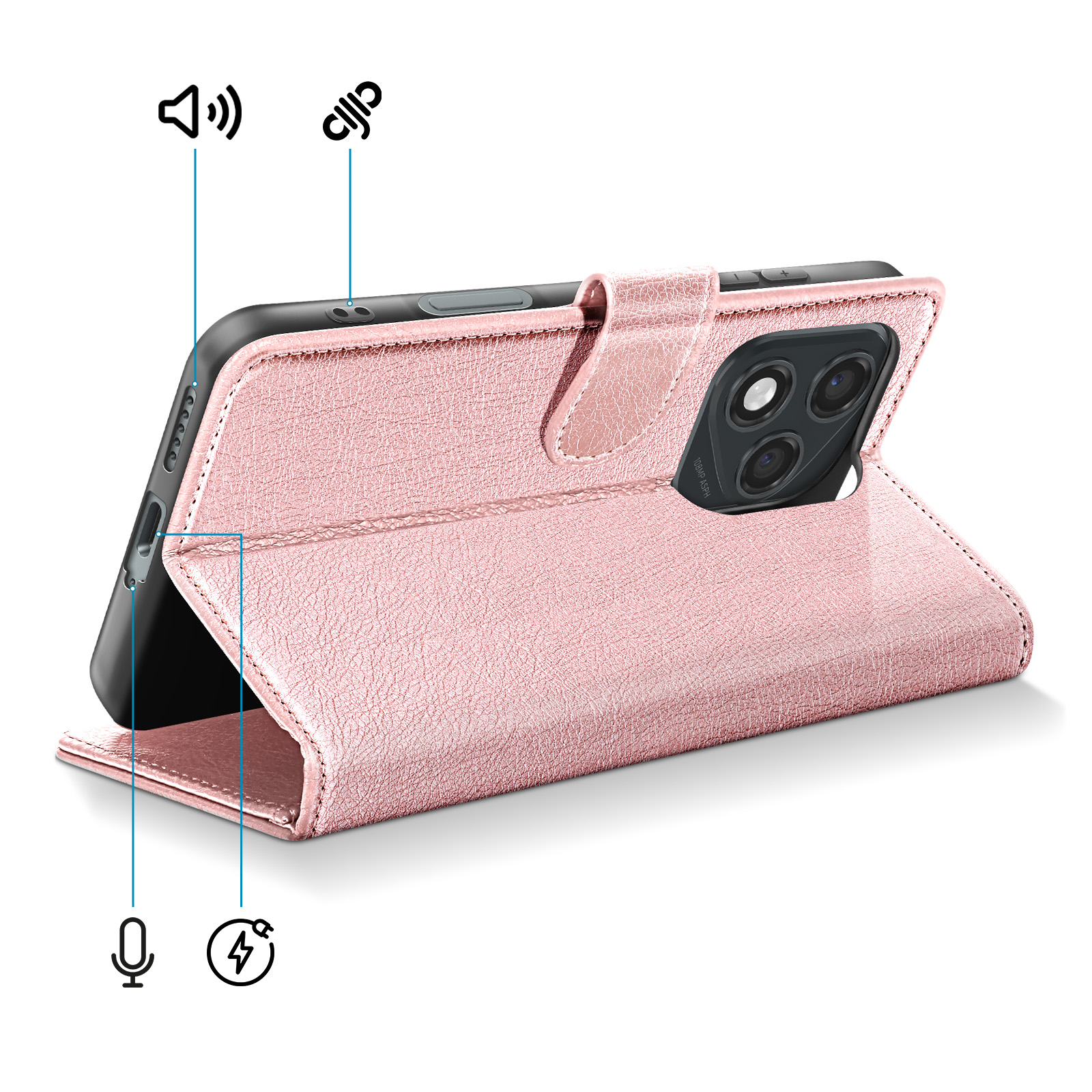 Ein rosafarbenes Handycover mit drei Kameras und Symbolen für Lautstärke, Mikrofon und Laden.