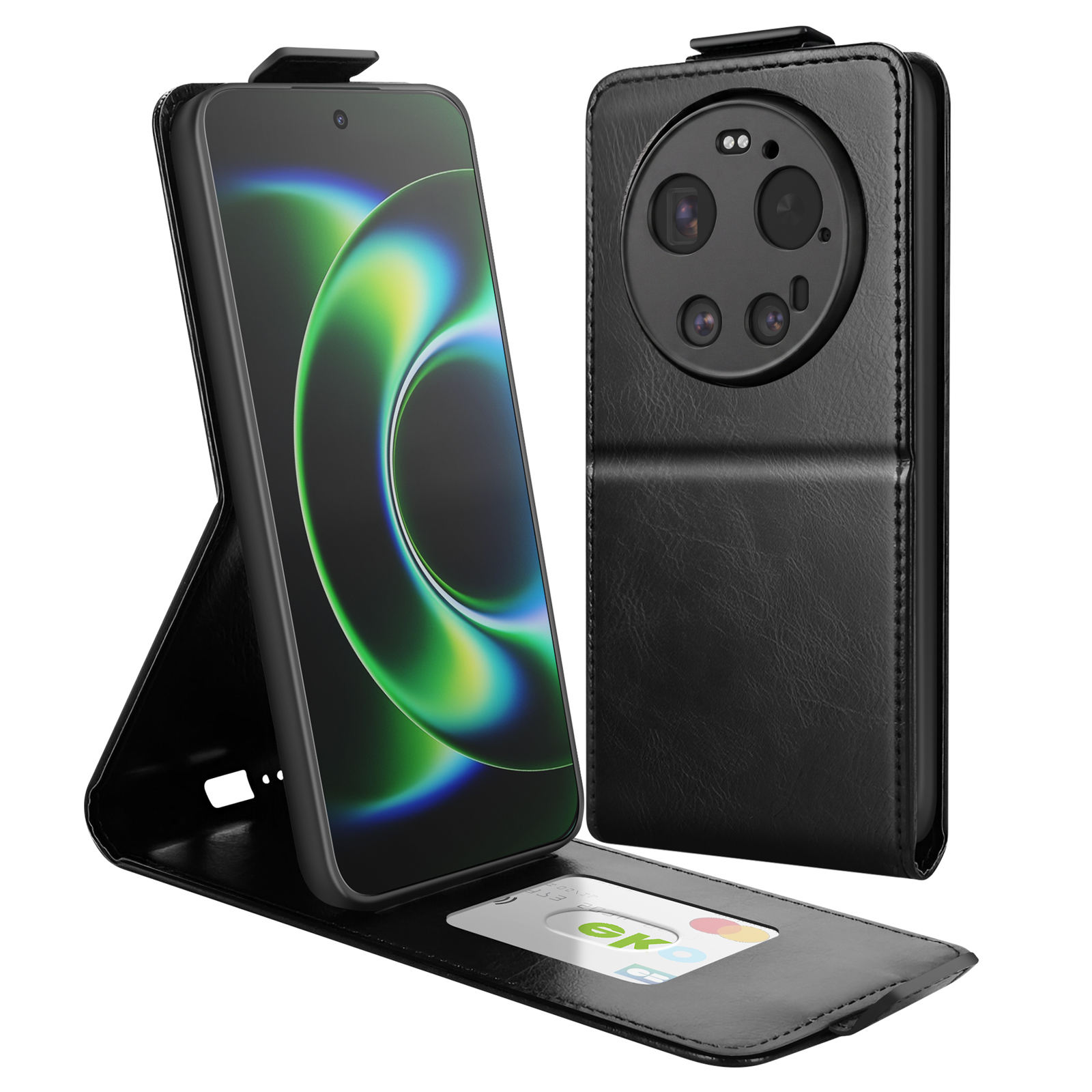Schwarzes Lederetui mit Smartphone, aufgestellt mit Kartenfach.