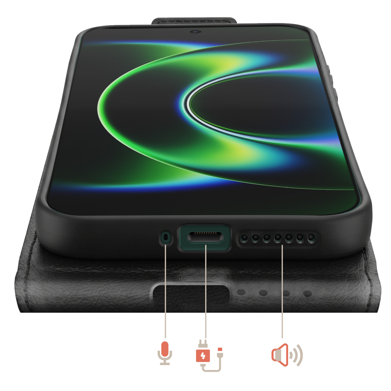 Nahaufnahme eines Smartphones mit Anschluss für Mikrofon, Ladeanschluss und Lautsprecher.