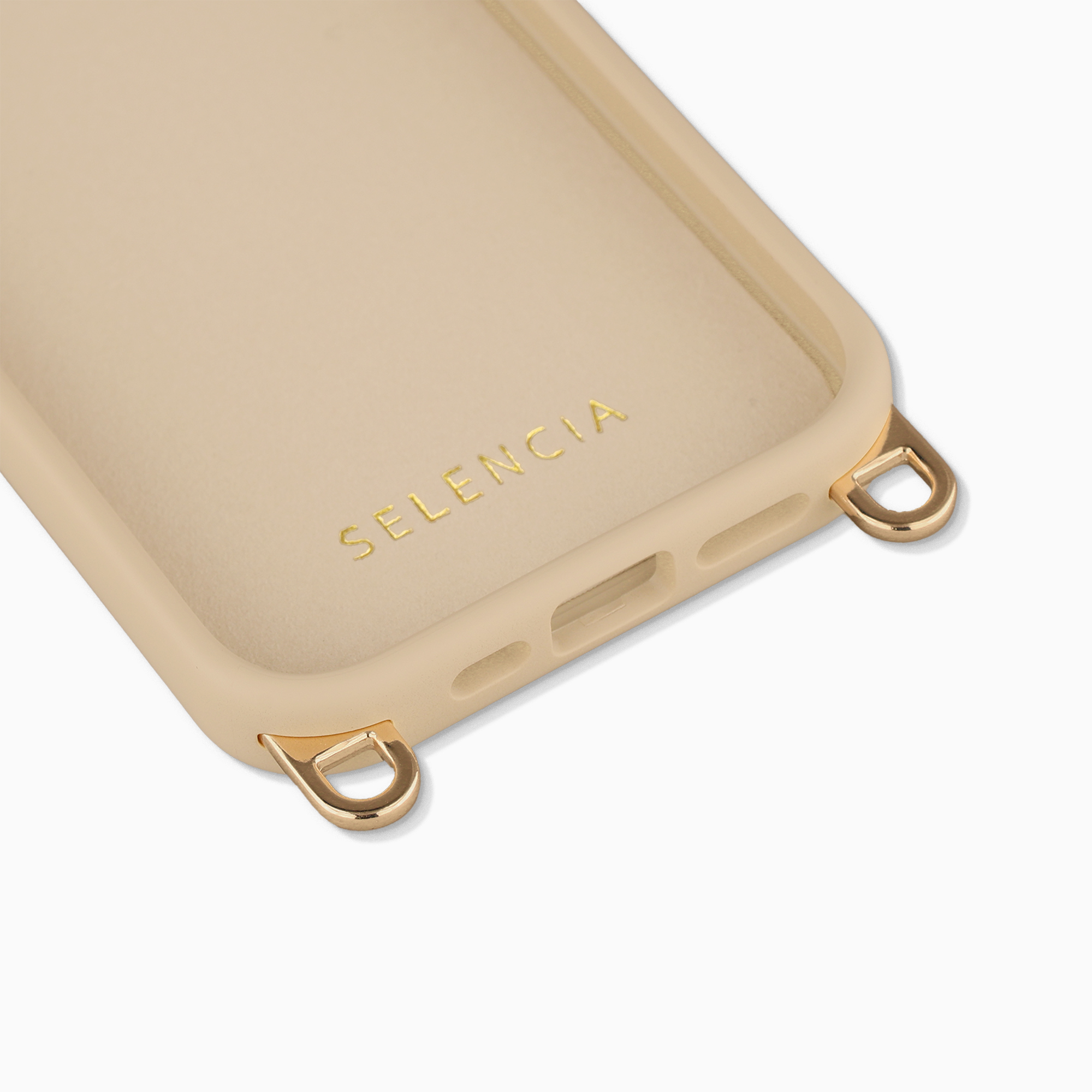 Une coque de téléphone beige avec des accents dorés et le logo 'SELENCIA'.