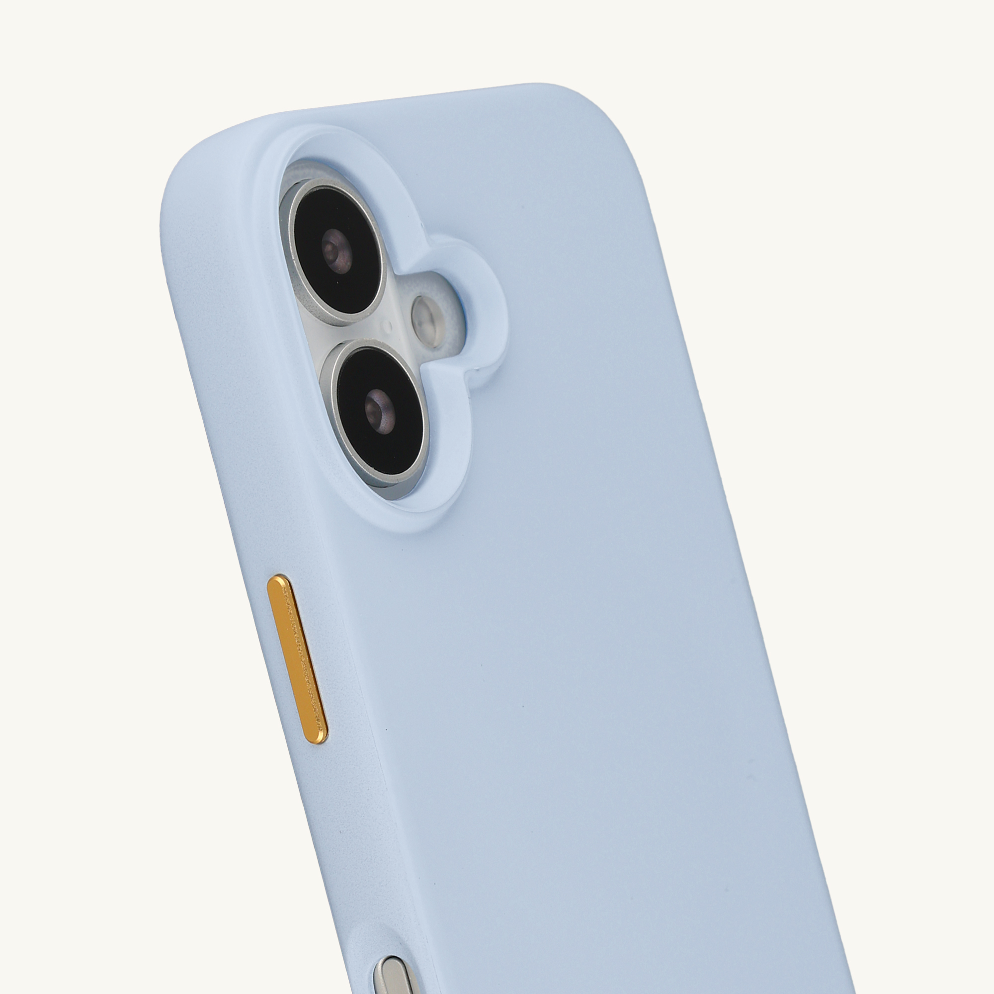 Funda de teléfono azul claro con dos lentes de cámara y botón dorado.