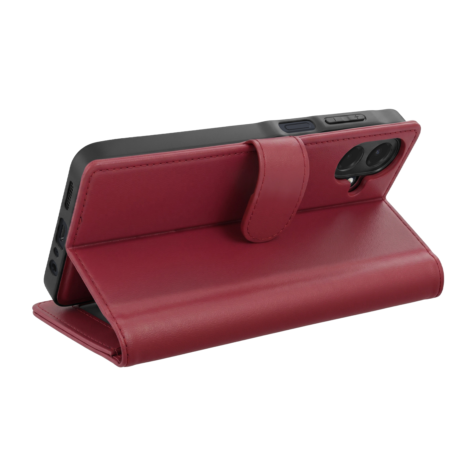 Funda roja de cuero para teléfono con tapa abatible abierta protegiendo un smartphone.