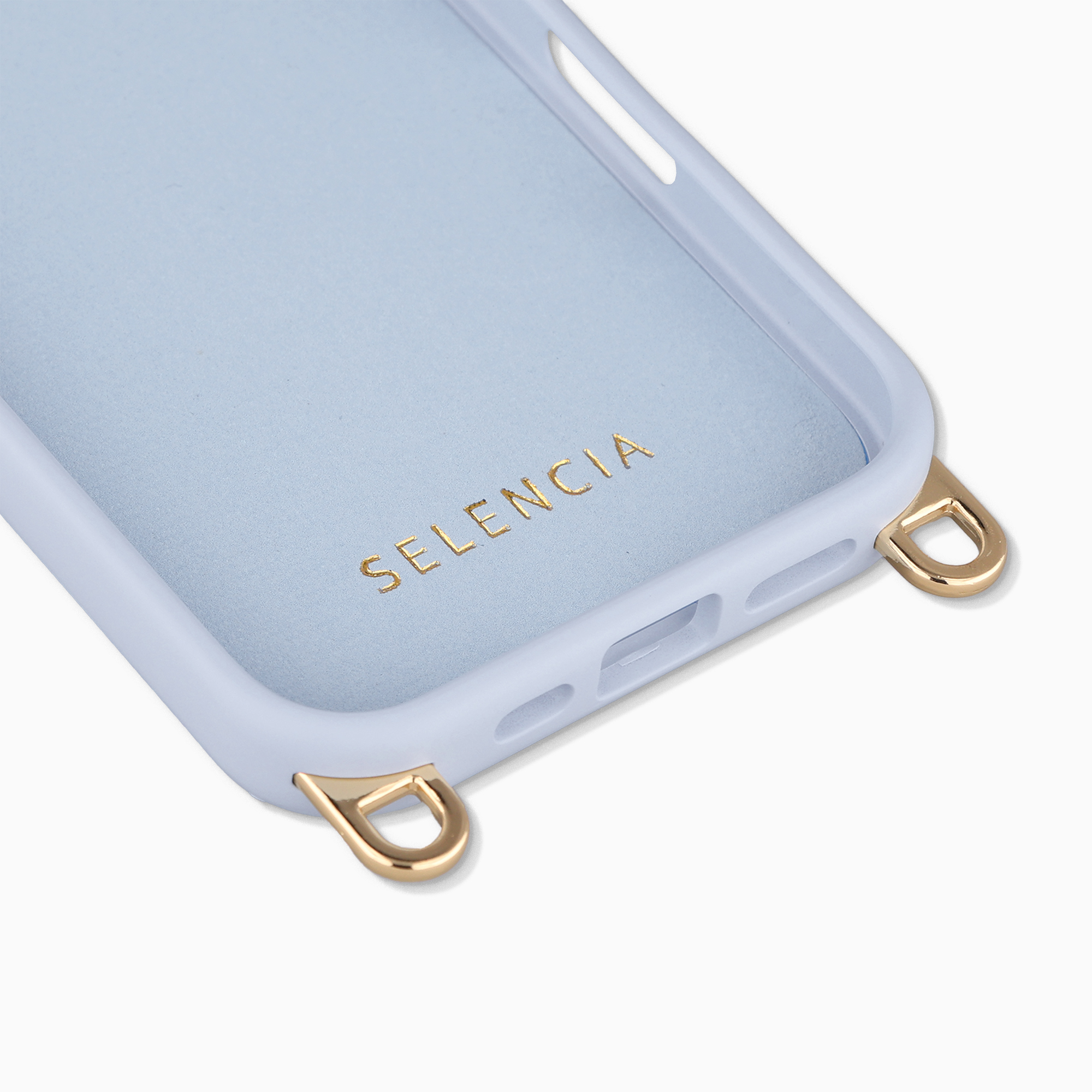 Funda azul claro para teléfono con logo dorado SELENCIA y bucles dorados.