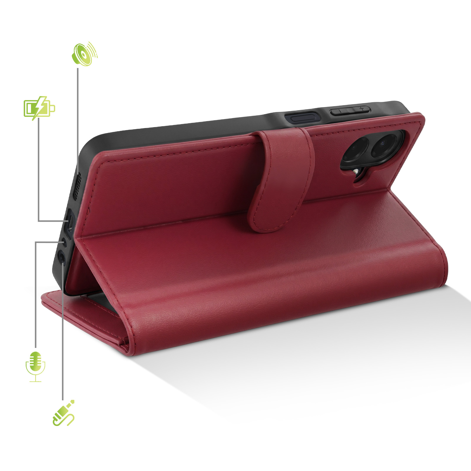 Funda de teléfono de cuero roja, abierta, mostrando cámara y puertos. Iconos de sonido, batería, micro.