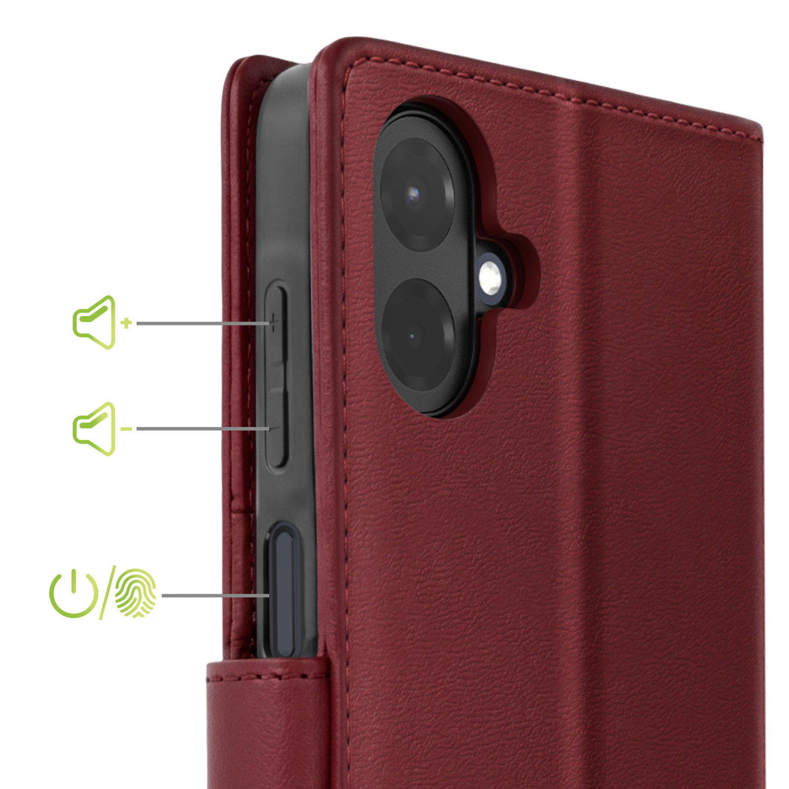 Funda de teléfono roja mostrando botones de volumen y encendido, y cámara.