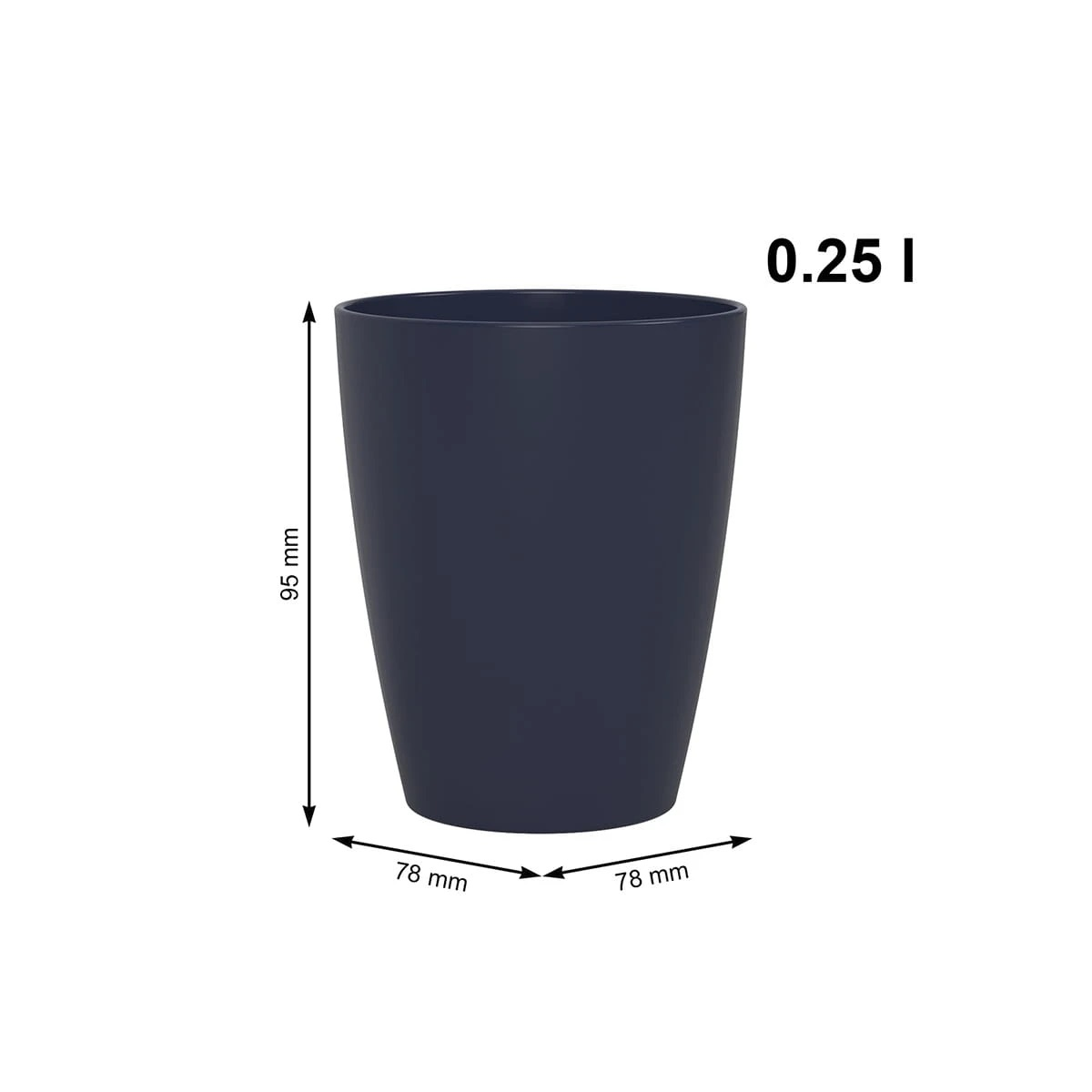 Ciemnoniebieska doniczka, wys. 95mm, szer. 78mm, poj. 0.25l.