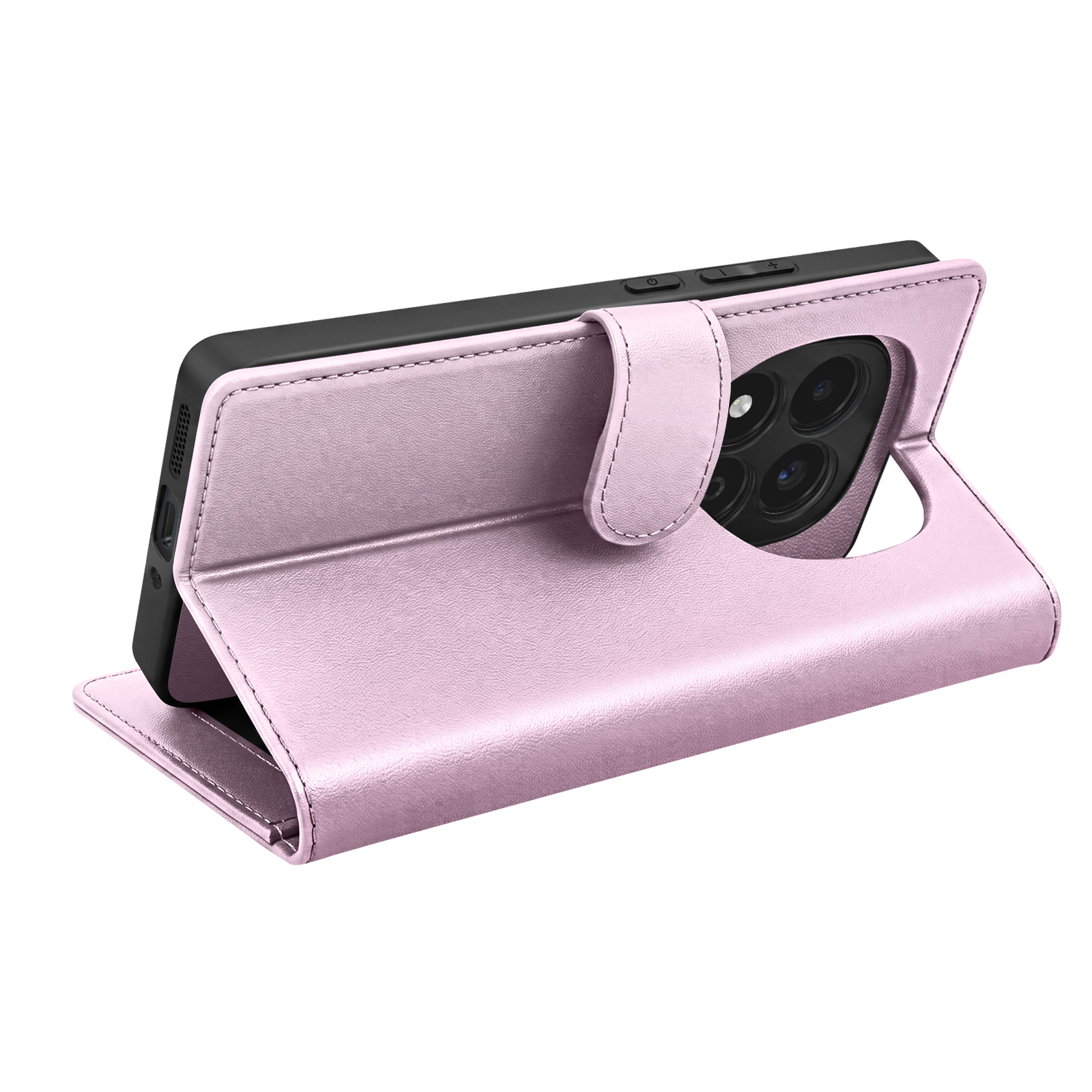 Ein rosafarbener Leder-Flip-Case für ein Smartphone mit drei Kameras.