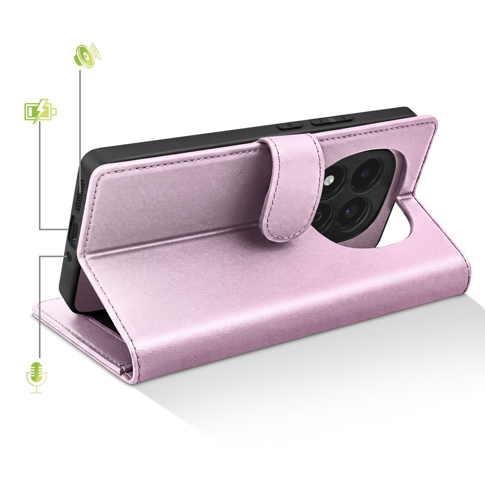 Ein pinkes Handycover mit Ständerfunktion, das auf einen Handy-Kamerablock zeigt.