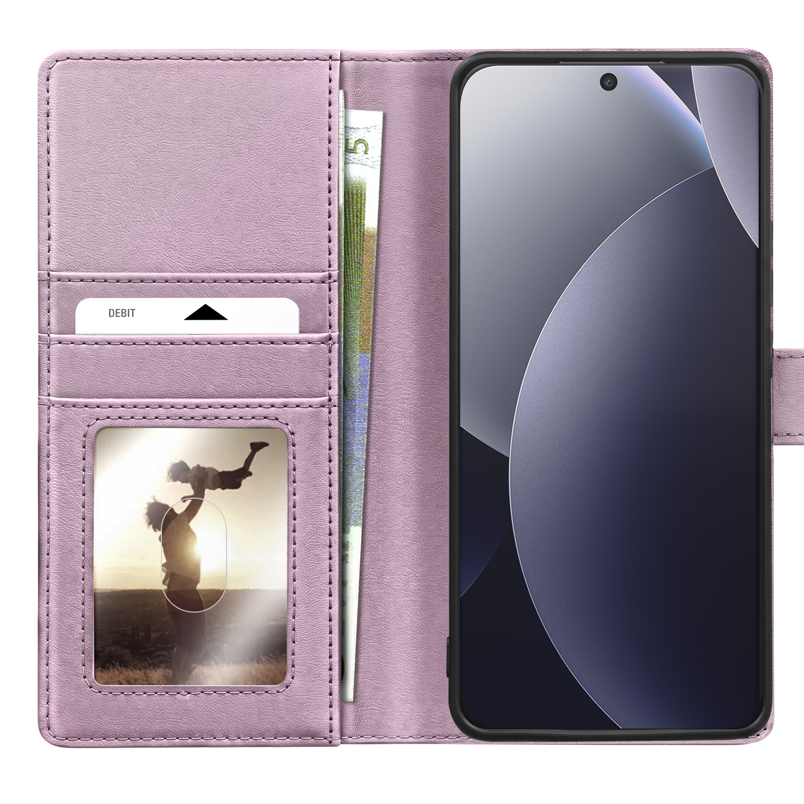 Ein lila Leder-Wallet-Handycover mit Kartenfächern, einem Foto und einem Handy.