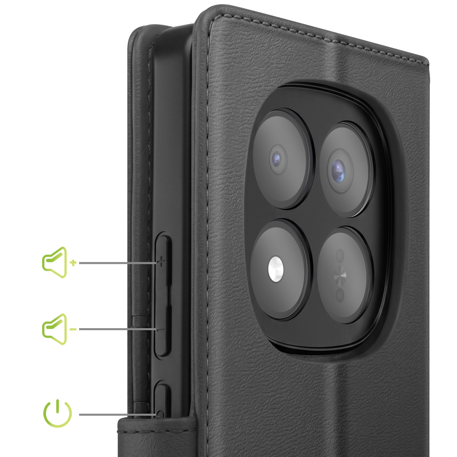 Funda negra de cuero para teléfono que muestra el sistema de cuádruple cámara.