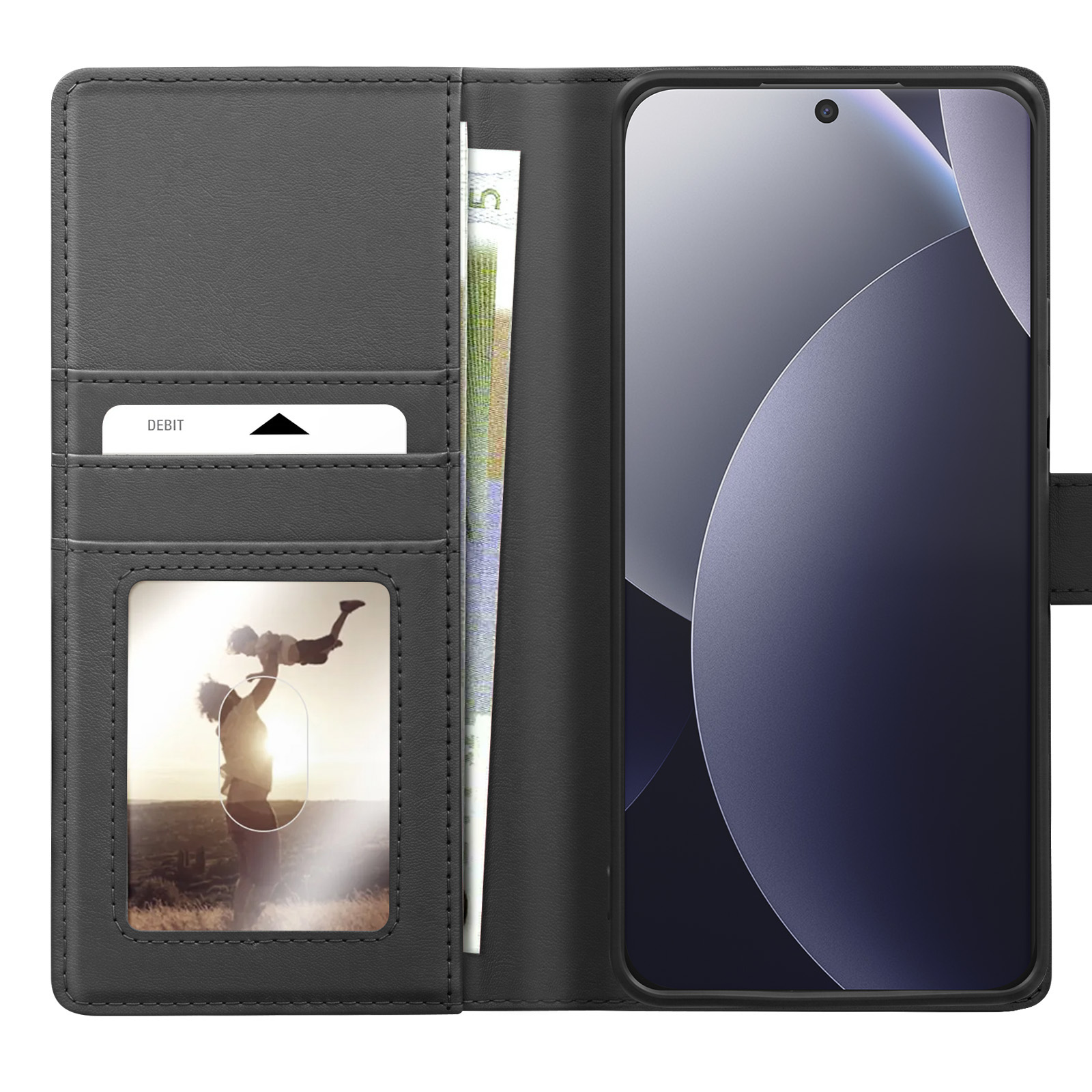 Funda negra para teléfono con ranuras para tarjetas, dinero y foto. Lado izquierdo muestra ranuras.