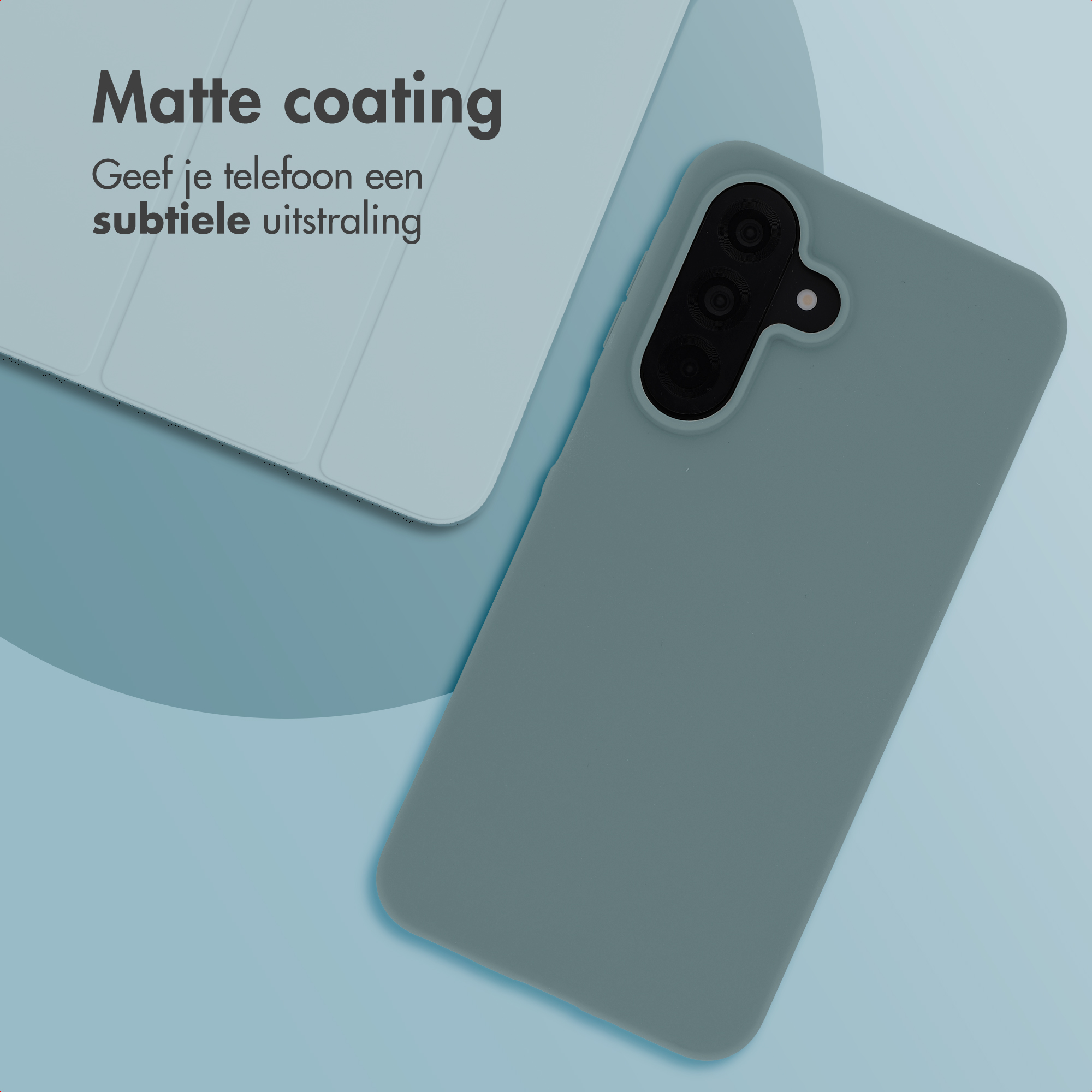 A green phone case with camera lenses rests on a light blue background.