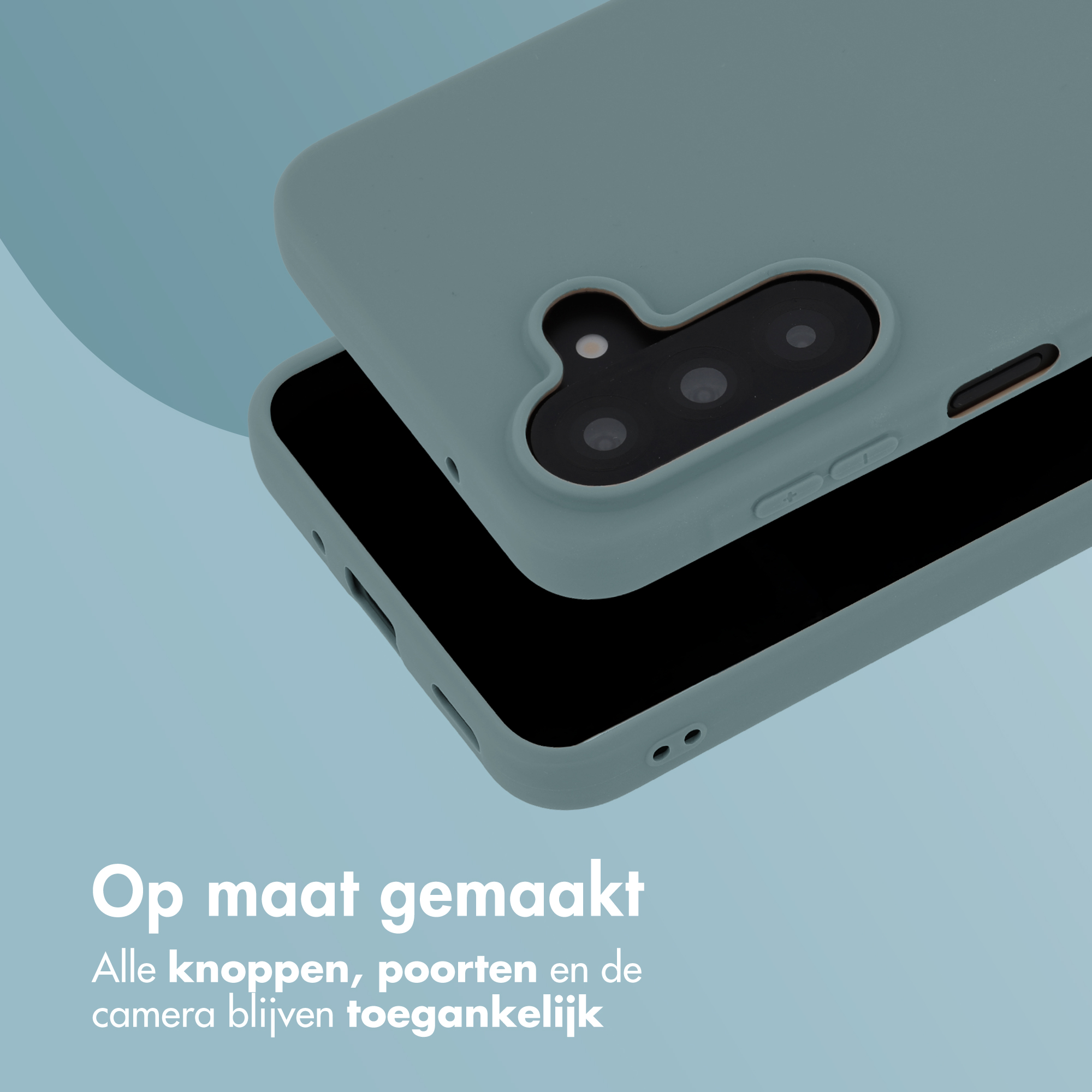 A grey-green phone case lies over a black smartphone. Camera alignment.
