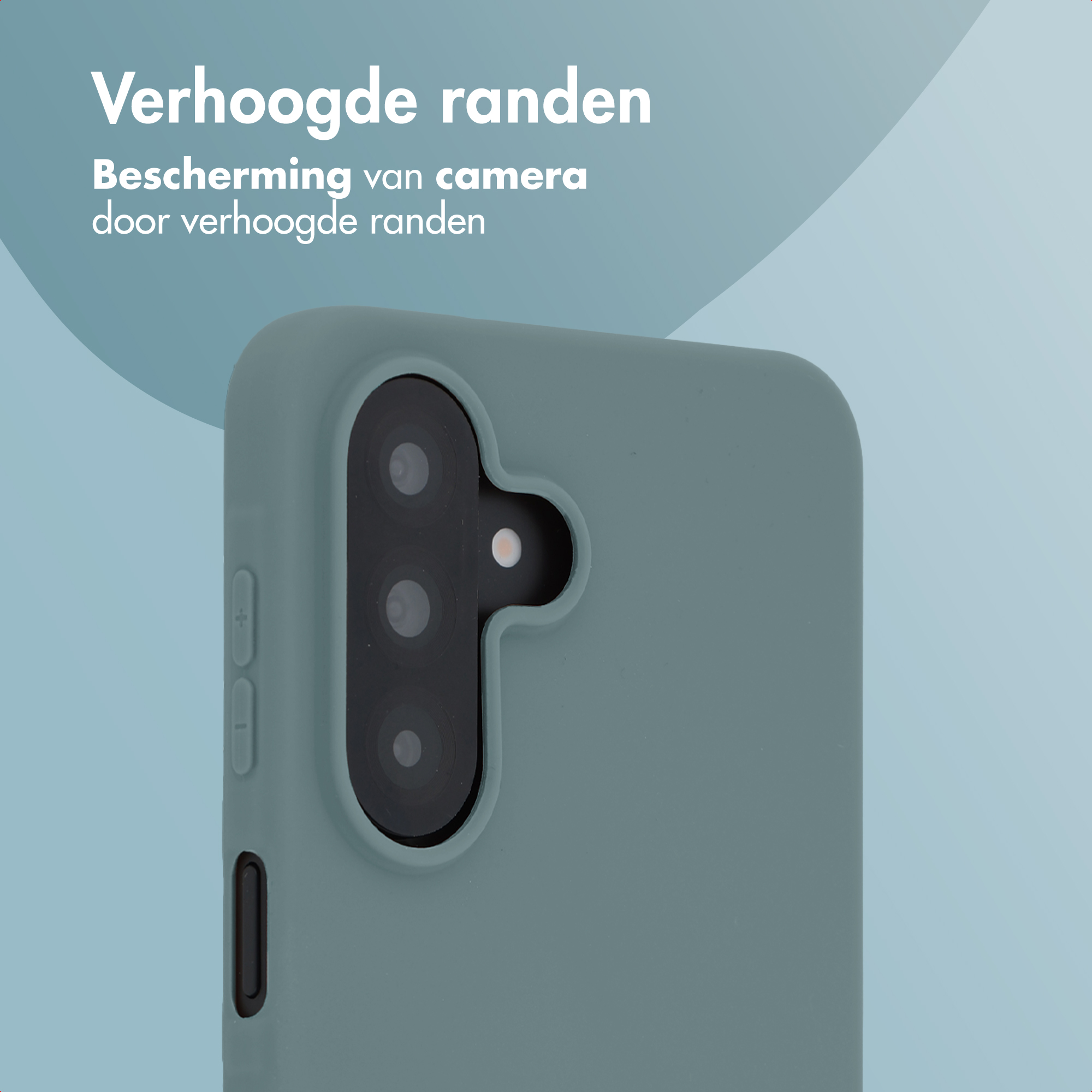 A grey-green phone case with raised edges protects the camera.
