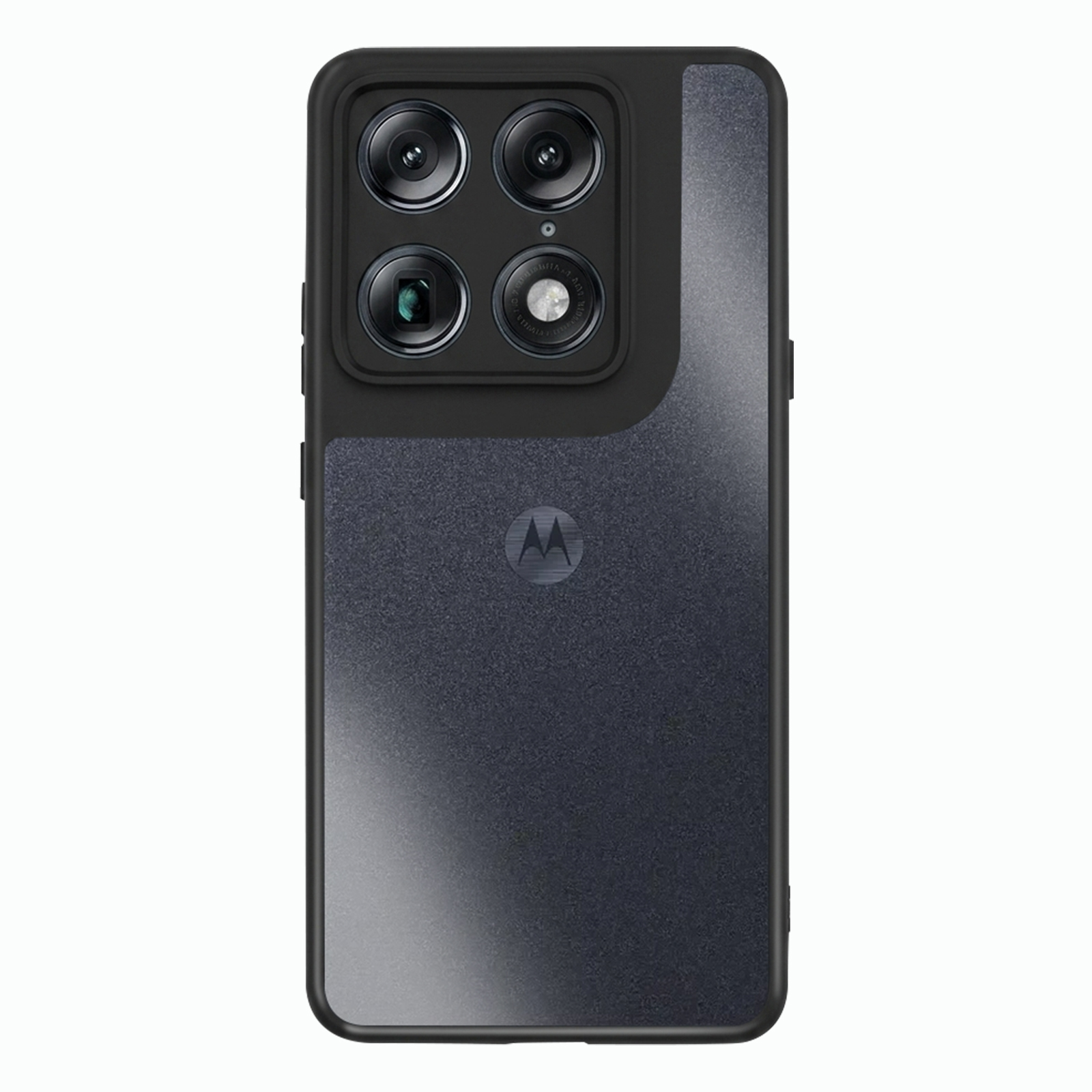 Rückseite eines dunklen Motorola-Smartphones mit vier Kameras und Motorola-Logo.