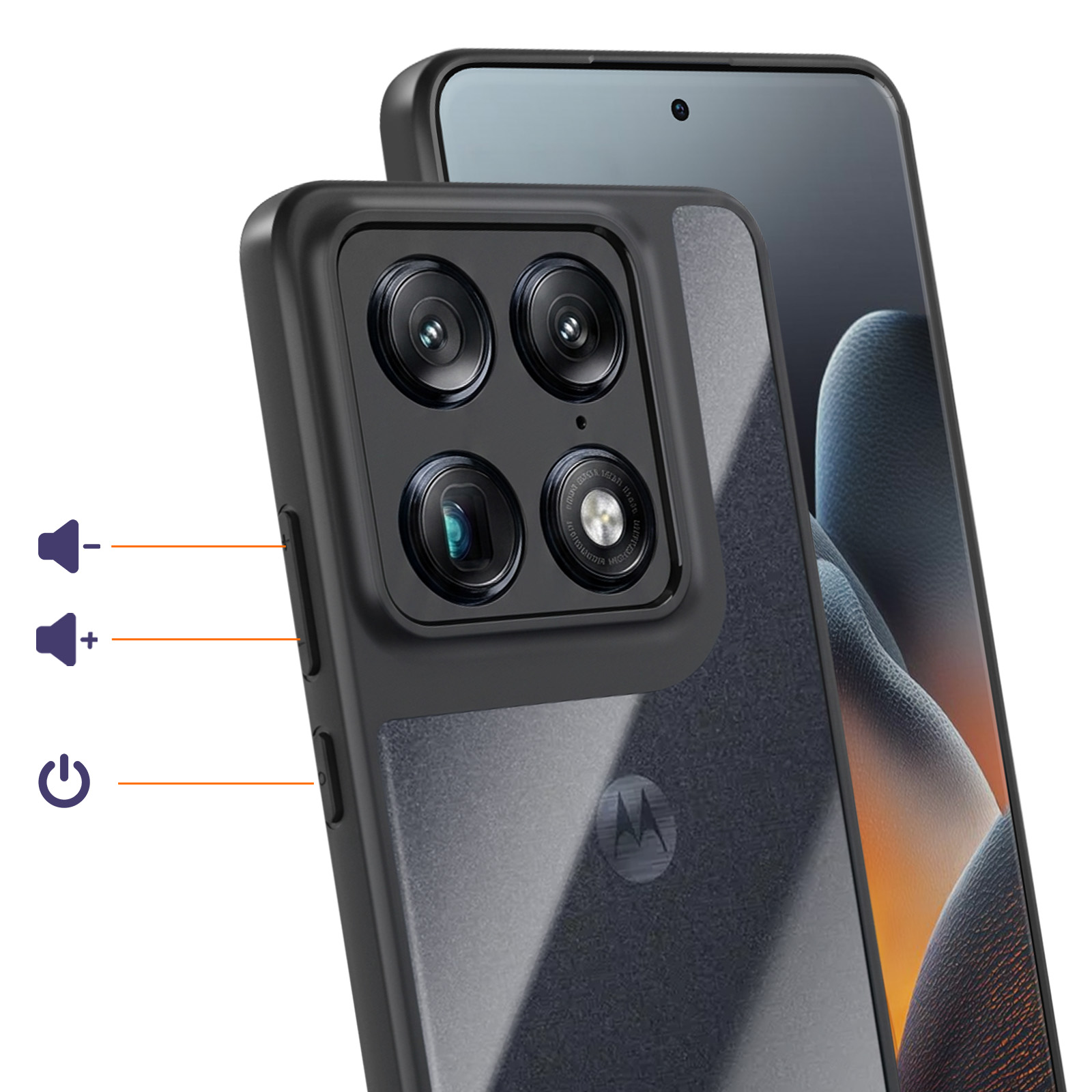 Ein Smartphone mit vier Kameras und einem Motorola-Logo auf der Rückseite.