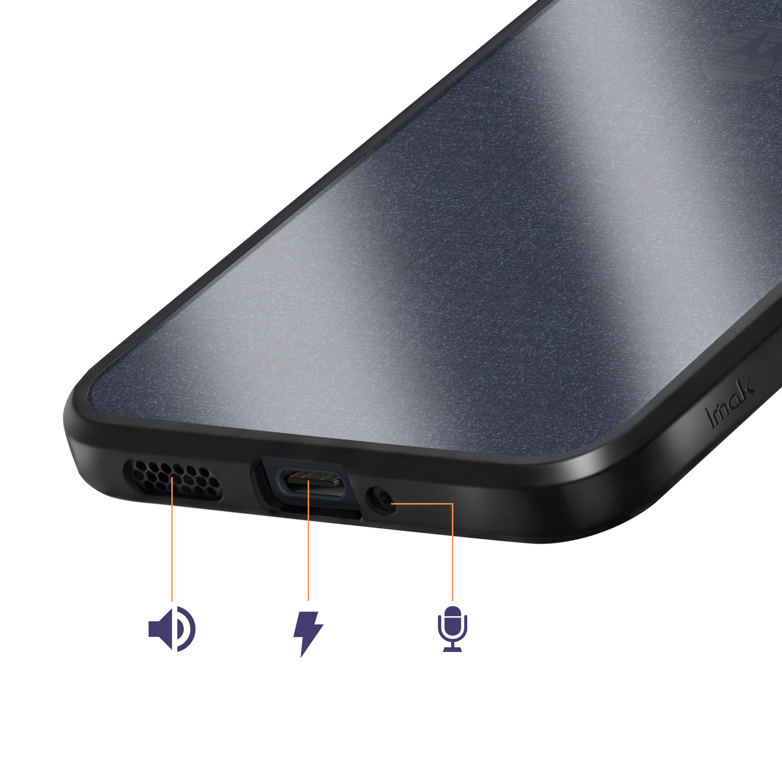 Nahaufnahme einer Smartphone-Unterkante mit Lautsprechergrill, USB-C-Anschluss, Mikrofon.