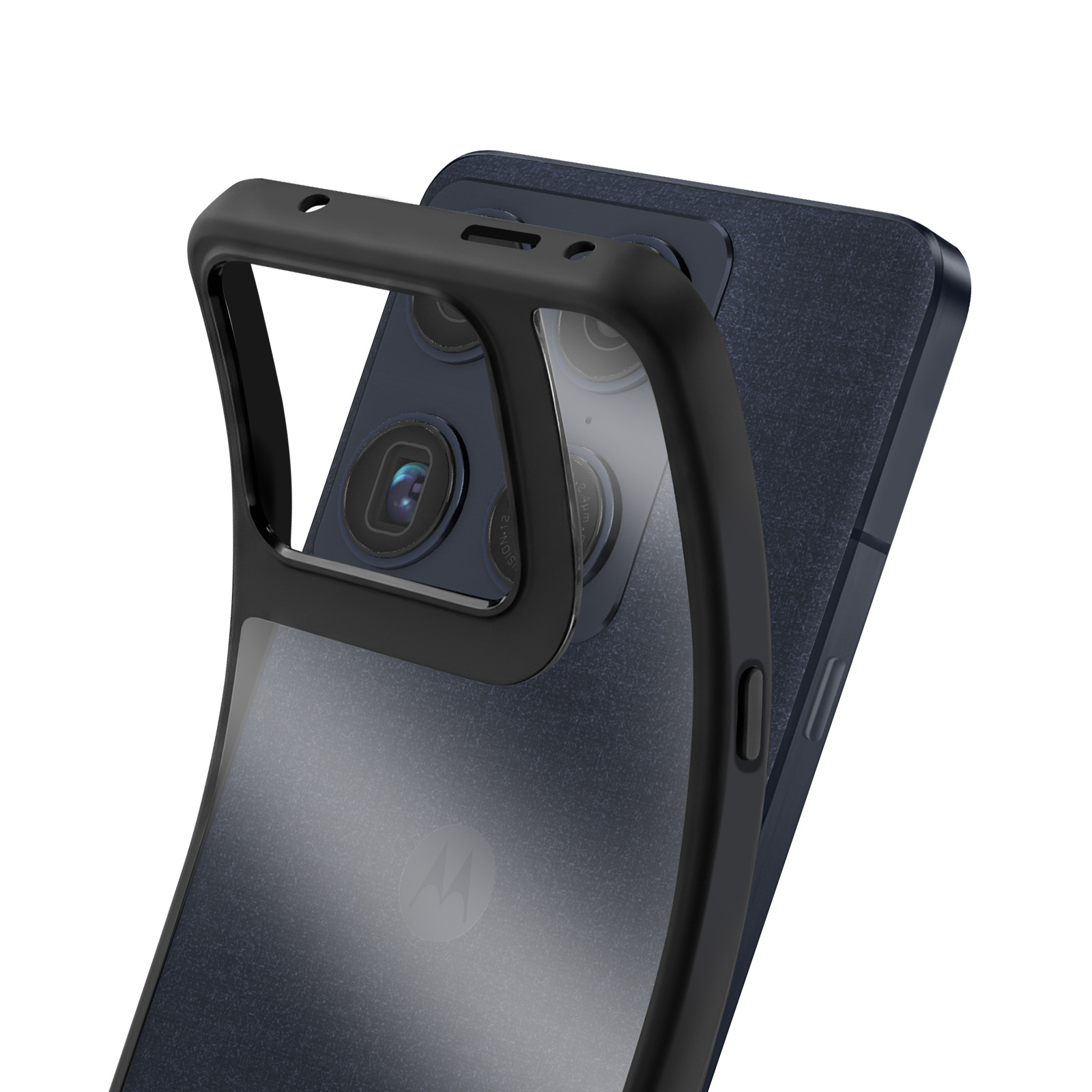 Ein schwarzes Handy mit drei Kameras und einem transparenten Schutzrahmen.