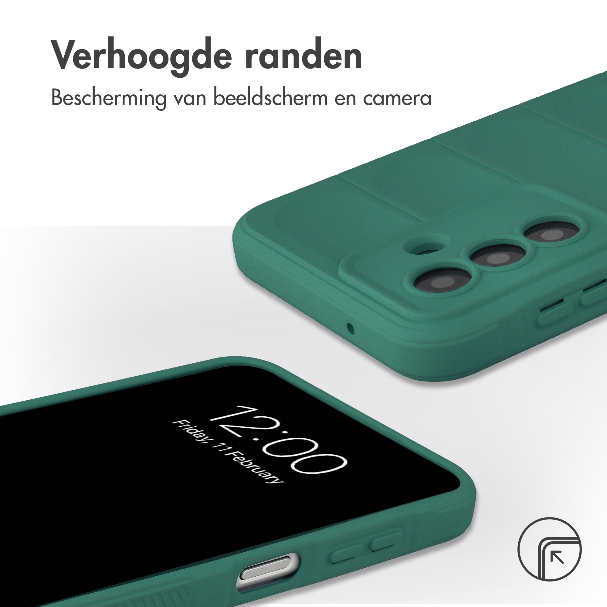 Ein grünes Handycase mit erhöhten Rändern liegt auf einem Tisch.
